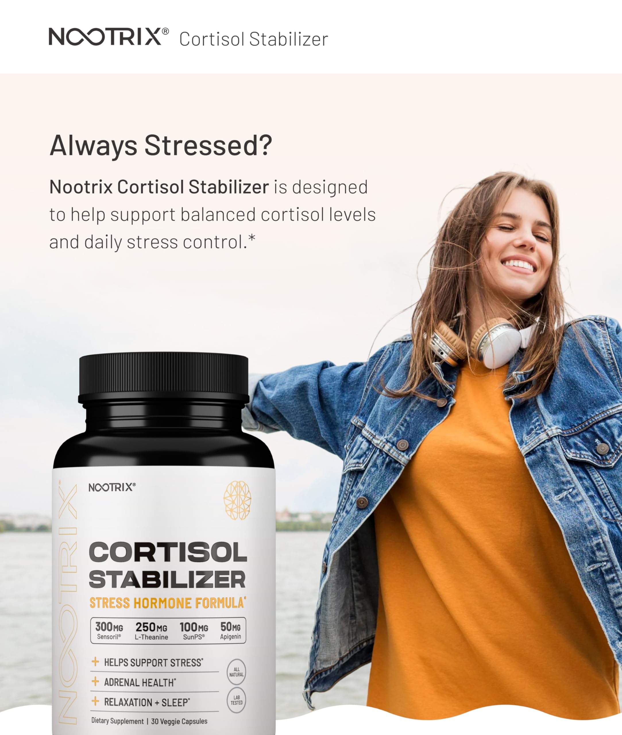 Nootrix Cortisol Manager & Stabilizer Supplement | 45 Day Supply | Supports Deep Sleep, Relaxation, Adrenal Health & Stress | 300mg Ashwagandha | L-Theanine, Rhodiola Rosea Extract & Apigenin