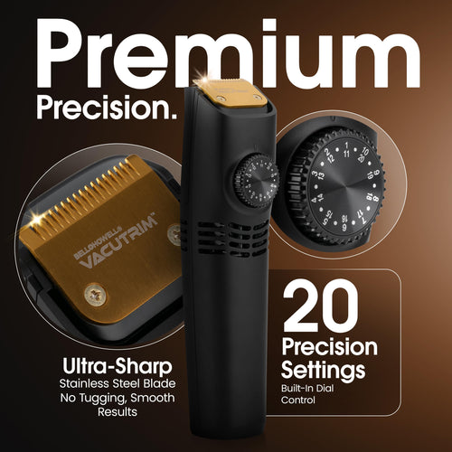 Bell+Howell Vacutrim Deluxe Cordless Mens Beard Trimmer, Rechargeable Electric Shaver with 20 Trim Setting and Built-in Vacuum for Mustache, Sideburns. Facial Hair, Black, 7.5", As Seen On TV