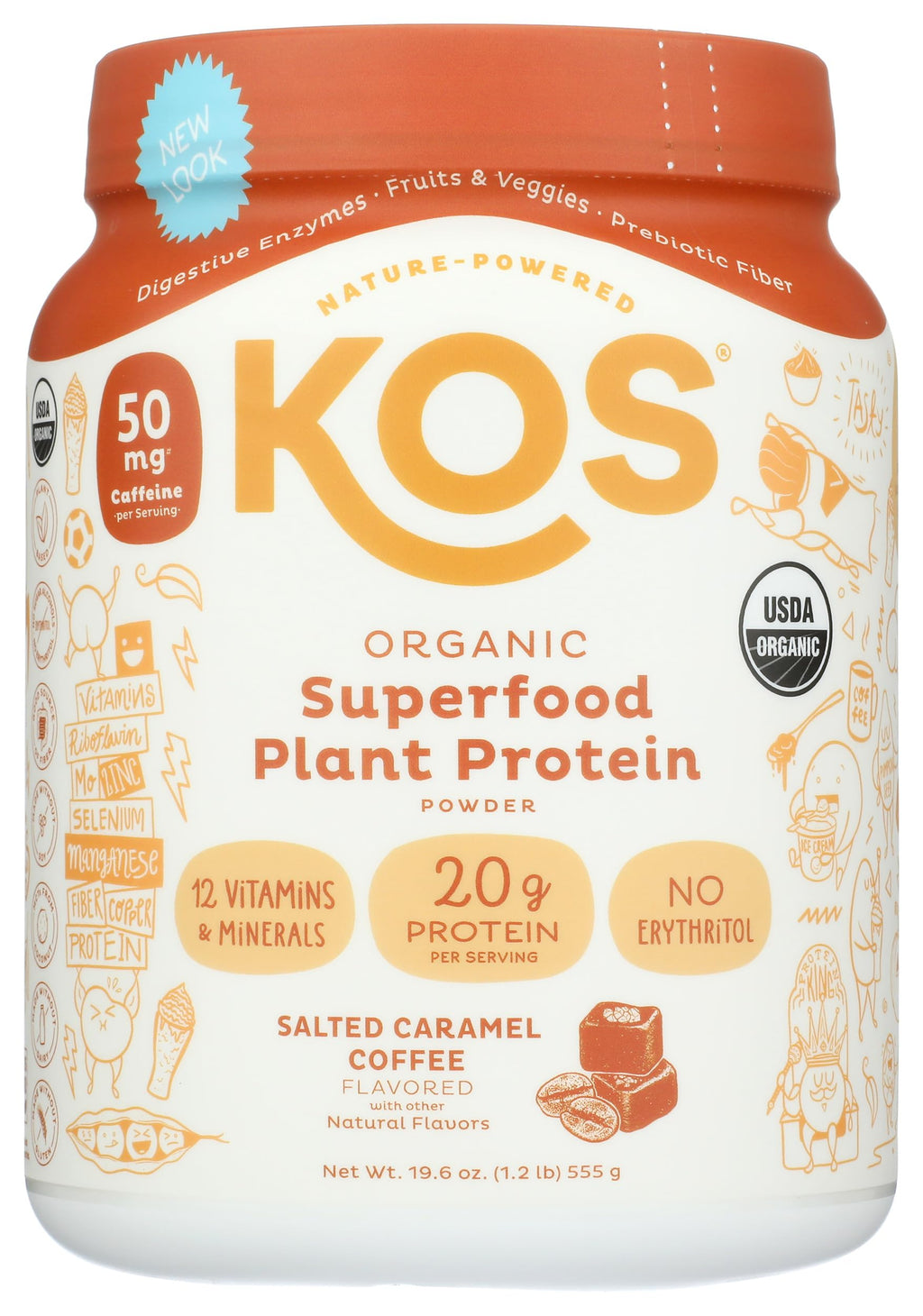 KOS Vegan Protein Powder, Salted Caramel Coffee - Low Carb Pea Protein Blend, Organic Plant Superfood Rich in Vitamins & Minerals - Keto, Dairy Free - Meal Replacement for Women & Men - 15 Servings