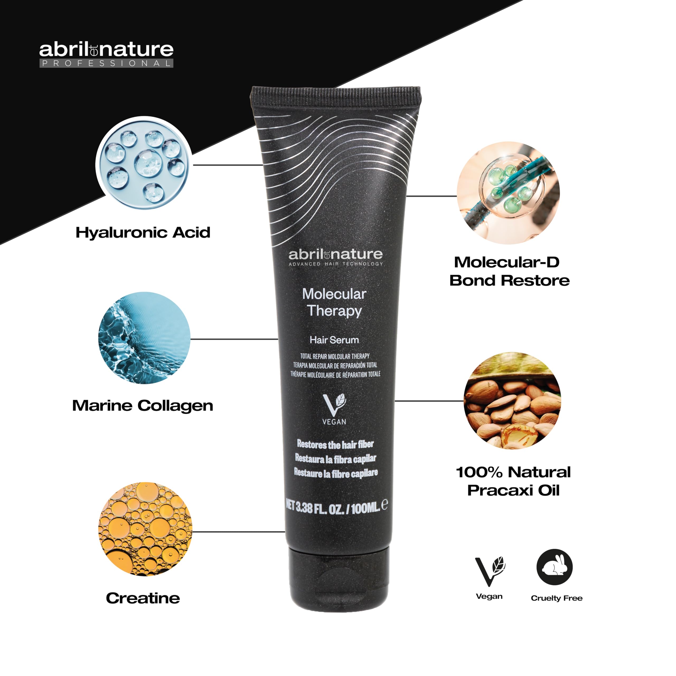 abril et nature - Professional Hair Serum Molecular Therapy - For Damaged, Chemically Treated, or Aging Hair - Repairs, Restructures, and Fills the Hair Fiber - Leave-In - 100 ml