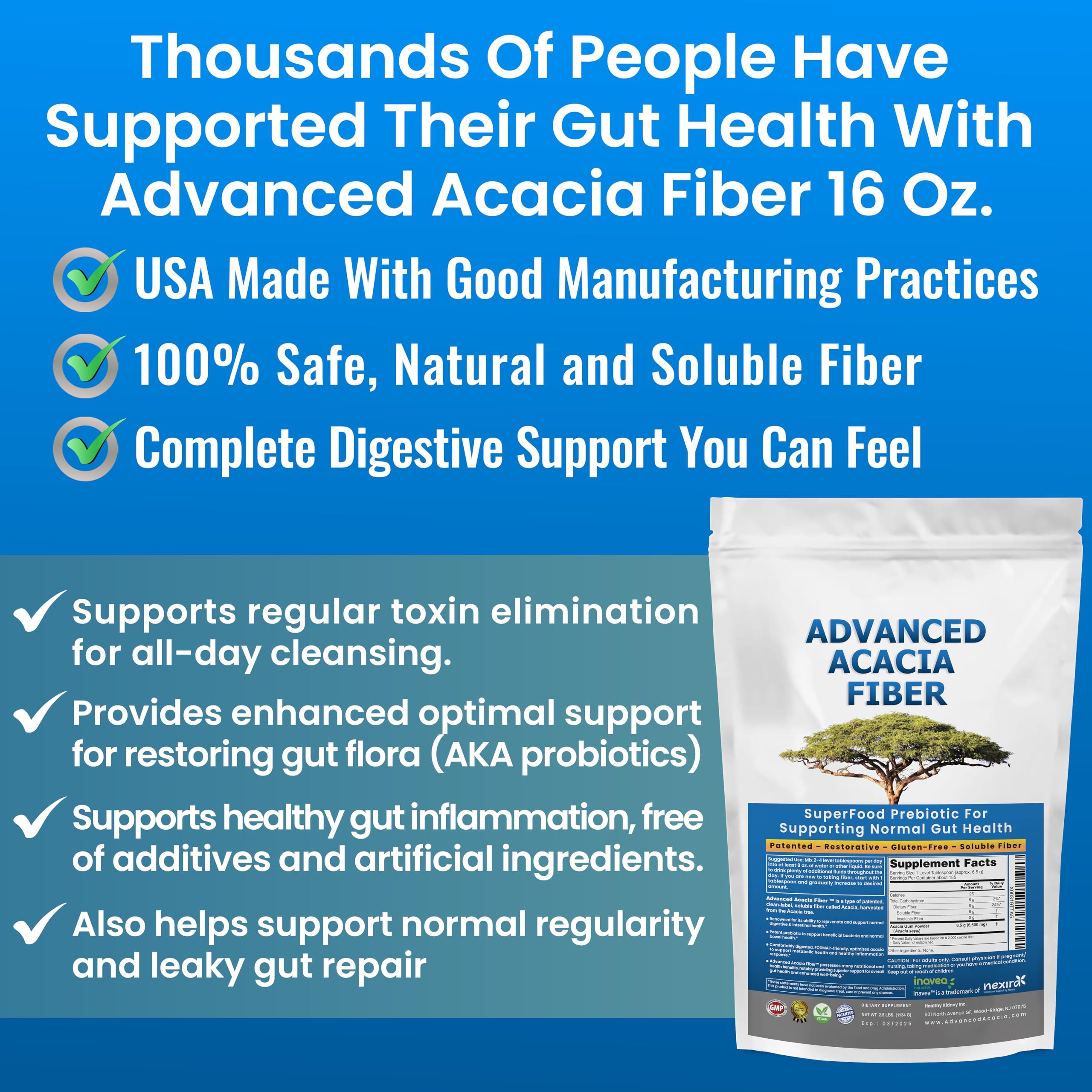 Organic Advanced Acacia Fiber Powder 40oz (2.5 lbs) - Soluble Fiber Leaky Gut Repair Powder. Natural Supplement for Gut Health, Regularity, Digestive Rejuvenation