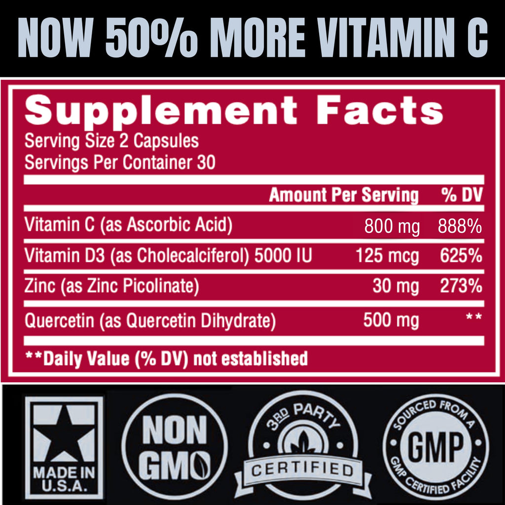 (2 Pack) Zinc Quercetin Vitamin C 800 mg with Vitamin D3 Antioxidant Immune Support High Potency Quercetin Zinc Supplement for Men and Women - Gluten, Soy, & Dairy Free - 120 Count (Twin Pack)