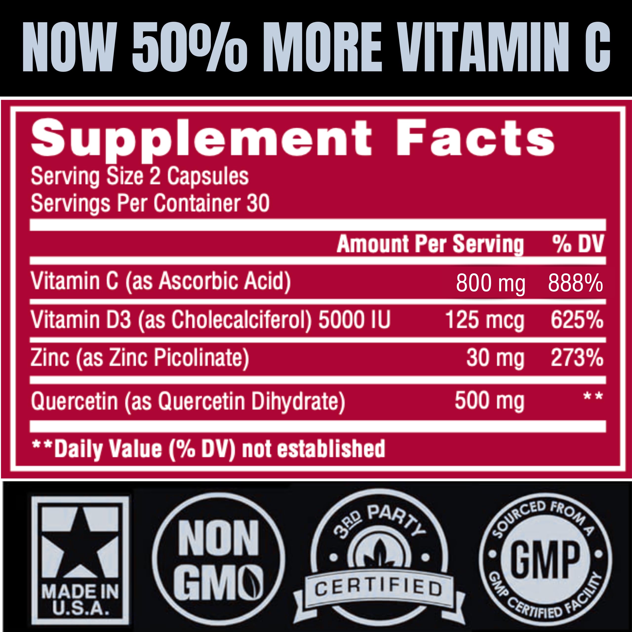 (2 Pack) Zinc Quercetin Vitamin C 800 mg with Vitamin D3 Antioxidant Immune Support High Potency Quercetin Zinc Supplement for Men and Women - Gluten, Soy, & Dairy Free - 120 Count (Twin Pack)
