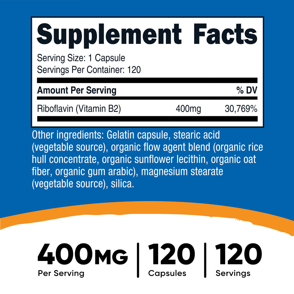 Nutricost Vitamin B2 (Riboflavin) 400mg, 120 Capsules (2 Bottles)