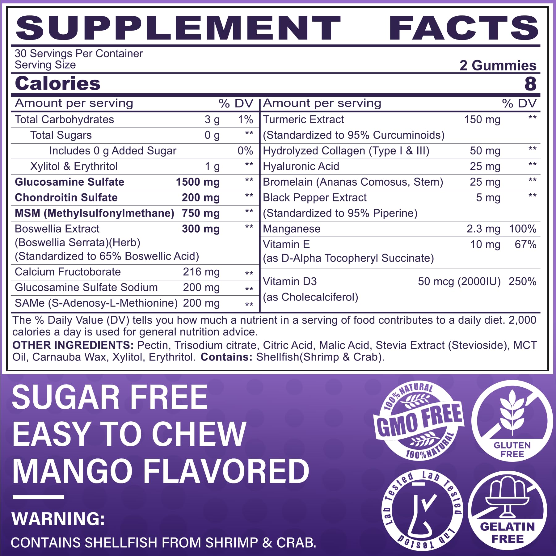 Glucosamine Chondroitin Gummies, Sugar Free Glucosamine Chondroitin MSM Supplement, Extra Strength with Boswellia Turmeric, Hydrolyzed Collagen & Hyaluronic Acid, Bone Health for Men & Women, 120 Cts