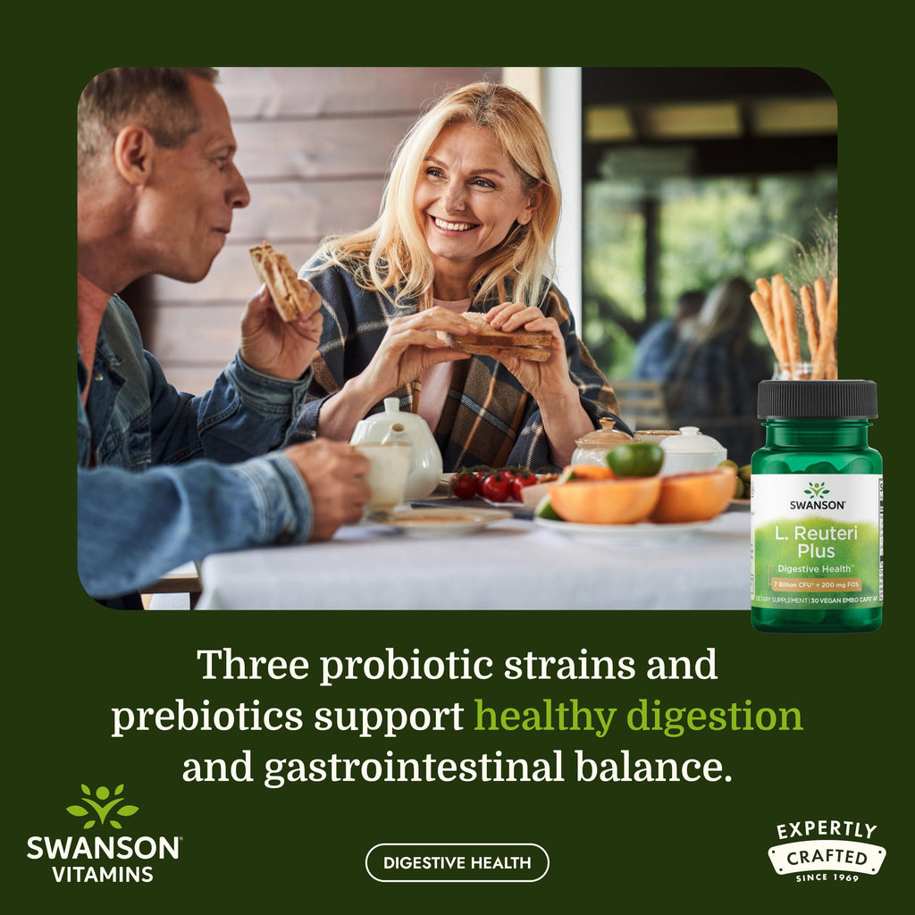 Swanson L. Reuteri Probiotic Plus with L. Rhamnosus, L. Acidophilus & FOS Prebiotic for Gut-Health-Conscious Adults - 7 Billion CFU (30 Vegan Capsules, 2 Pack)