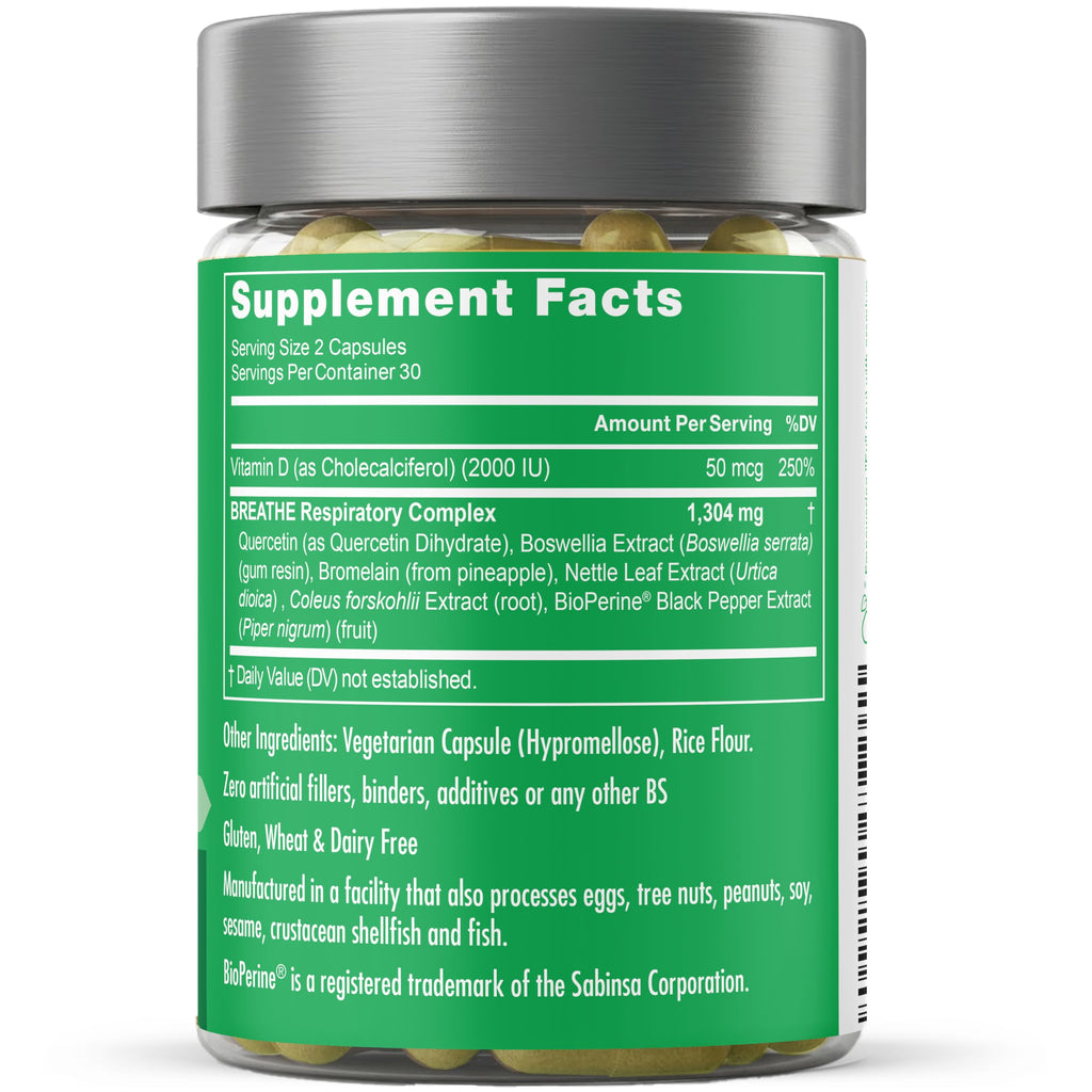 Breathe Inhaler Support Supplement - Sinus, Lungs, Open & Clear Airways - Seasonal Nasal Health, Bronchial Wellness, Healthy Chest - Quercetin, Vitamin D, Bromelain Pills - 60 Vegetarian Soft Capsules
