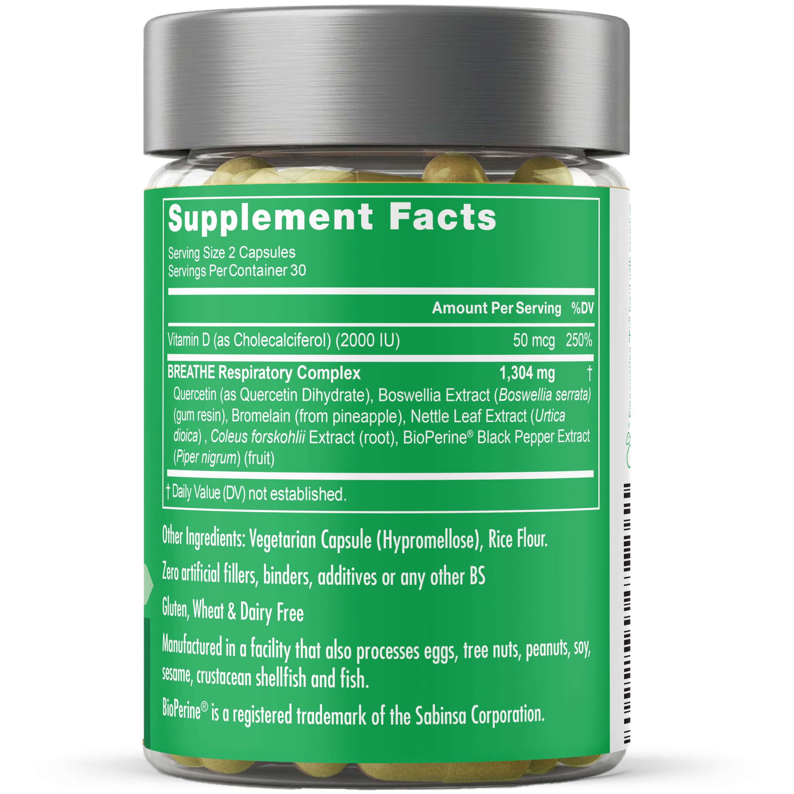 Breathe Inhaler Support Supplement - Sinus, Lungs, Open & Clear Airways - Seasonal Nasal Health, Bronchial Wellness, Healthy Chest - Quercetin, Vitamin D, Bromelain Pills - 60 Vegetarian Soft Capsules