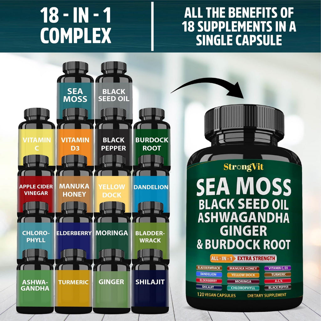 Sea Moss Black Seed Oil Ashwagandha Ginger, Organic Sea Moss Capsules with Burdock Root, Irish Seamoss Pills with Bladderwrack, Turmeric, Shilajit, Multimineral Supplement, USA (120 Capsules)
