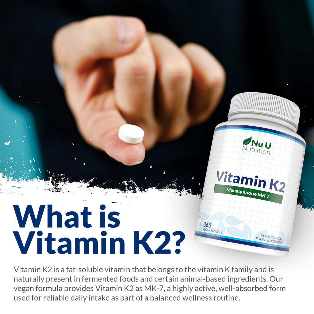 Vitamin K2 MK7 200mcg - 365 Vegan Tablets not Capsules - 1 a Day - 1 Year Supply - High Strength VIT K2 Menaquinone - Easy to Swallow - Made in the UK - Nu U Nutrition