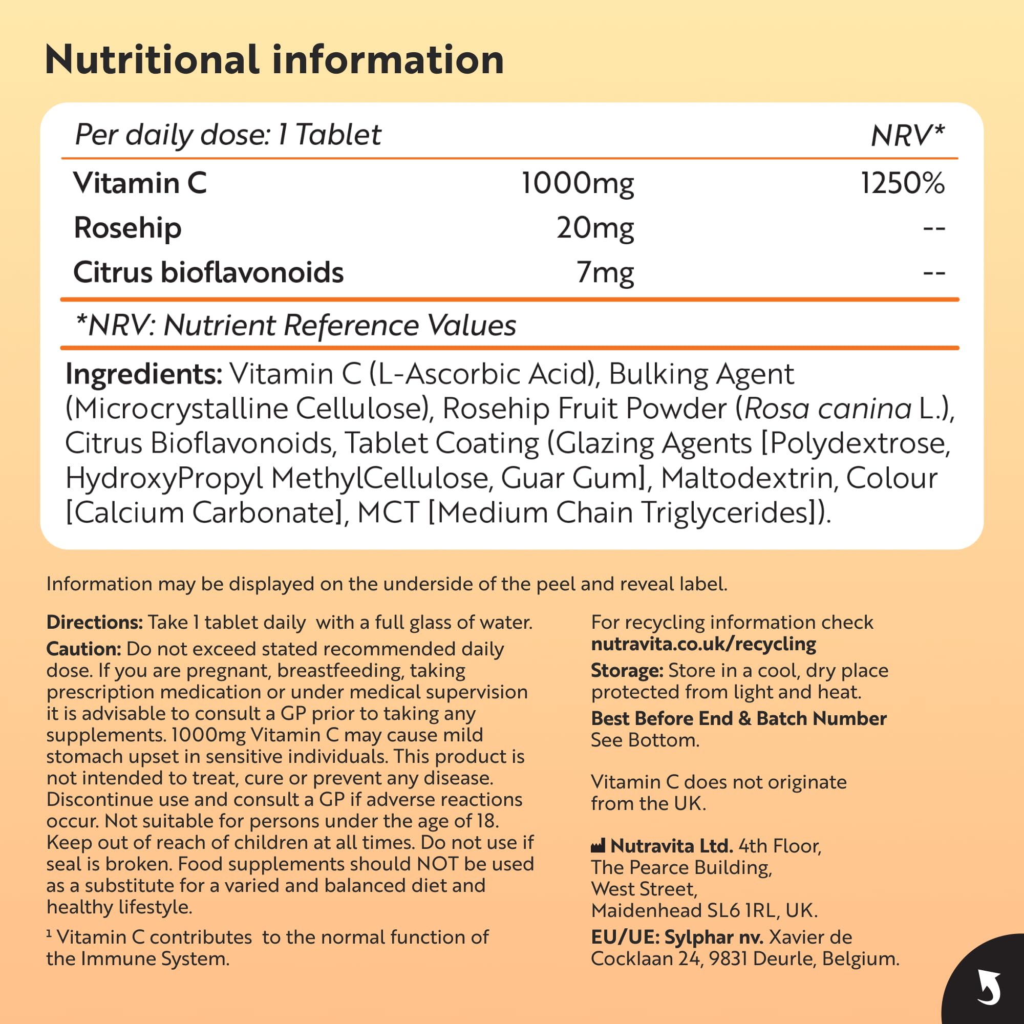 Nutravita Vitamin C 1000mg Tablets - 180 Vegan 1000mg Vitamin C Tablets not Capsules or Powder - 6 Months - High Strength Ascorbic Acid - Bioflavonoids & Rosehip - Immune Support - Made in UK