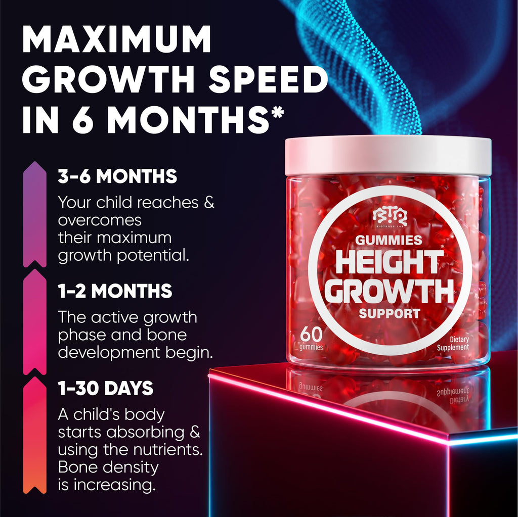 BIOTEQUELAB Height Growth Increase Gummies Vitamins, Grow Tall Supplement, Calcium, Magnesium, Zinc, Ashwagandha, Glucosamine Multivitamin for Teens, Kids, Adults