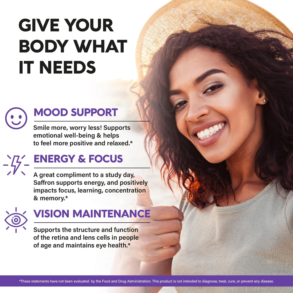 Natural Saffron Supplements - Pure Saffron Extract 88.5 mg - Mood | Focus | Vision | Energy Support - Eye Health for Women & Men - Lab Tested - NonGMO Vegan Pills - 180 Powder Capsules, 6 Month Supply
