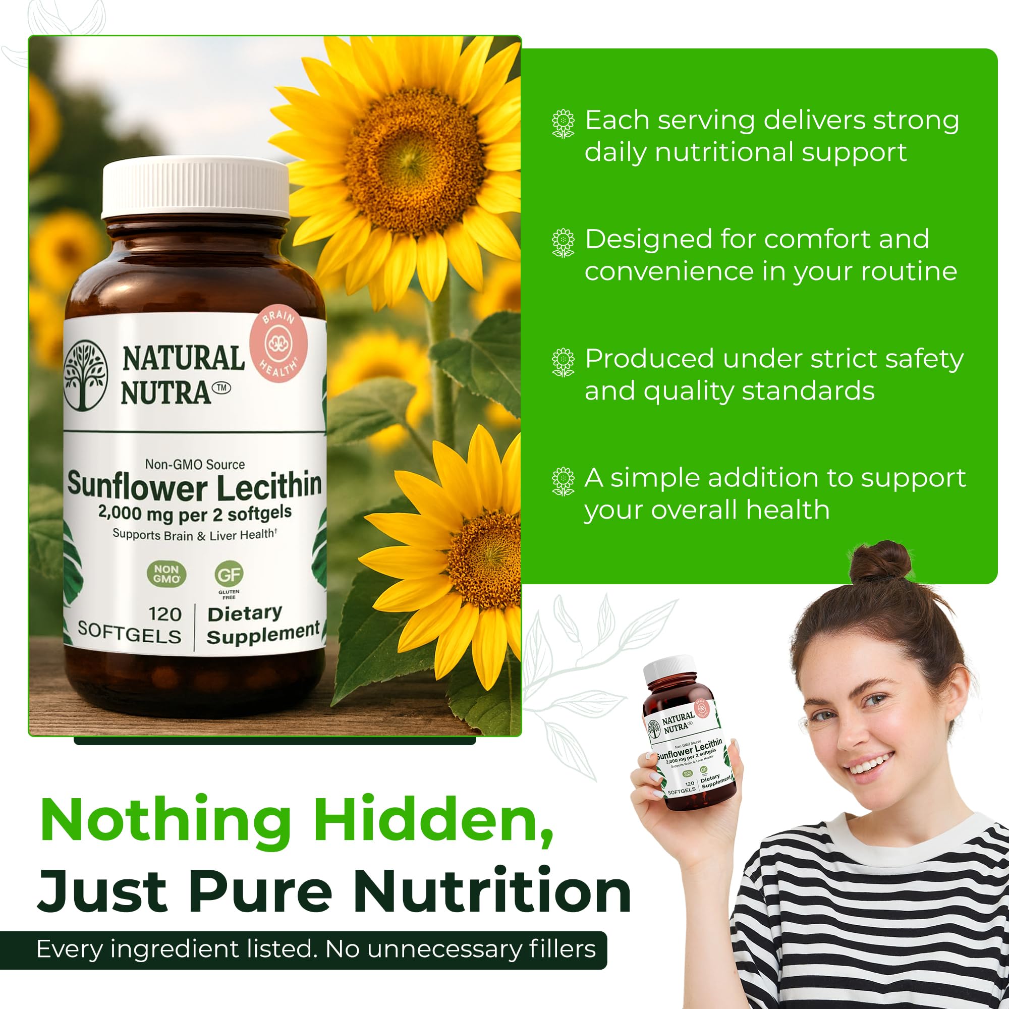 Natural Nutra Sunflower Lecithin Supplement 2000mg, Gluten-Free 120 Softgel