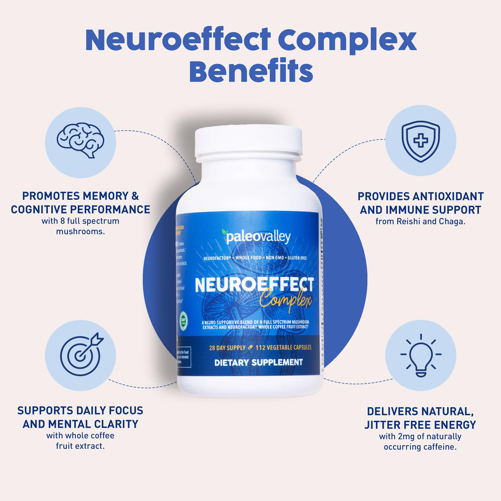 Paleovalley NeuroEffect - Neuro Mushroom Coffee Nutritional Supplement for Focus, Memory, and Energy Support - 28-Day Supply - 8 Full Spectrum Mushroom and Whole Coffee Fruit Extracts