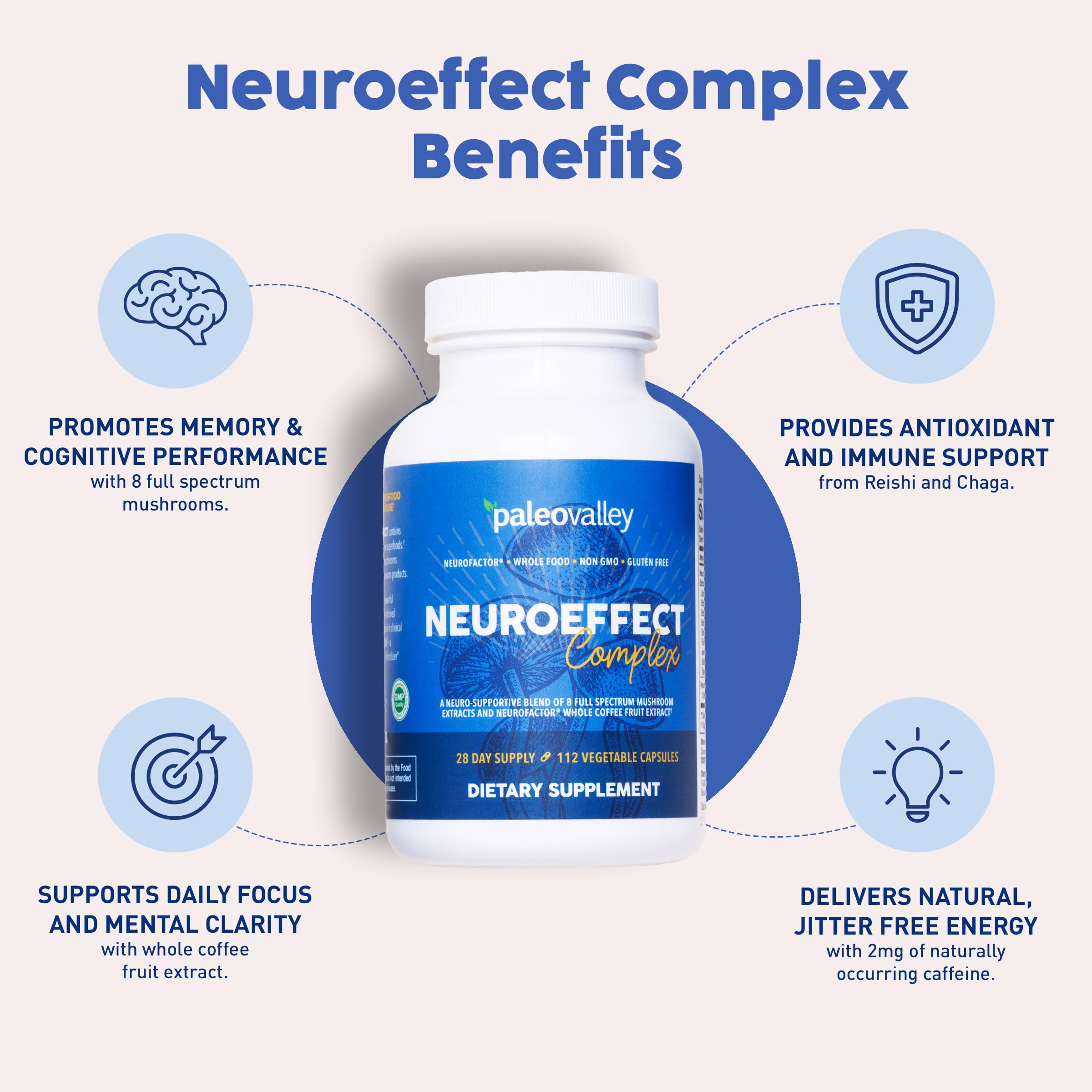 Paleovalley NeuroEffect - Neuro Mushroom Coffee Nutritional Supplement for Focus, Memory, and Energy Support - 28-Day Supply - 8 Full Spectrum Mushroom and Whole Coffee Fruit Extracts