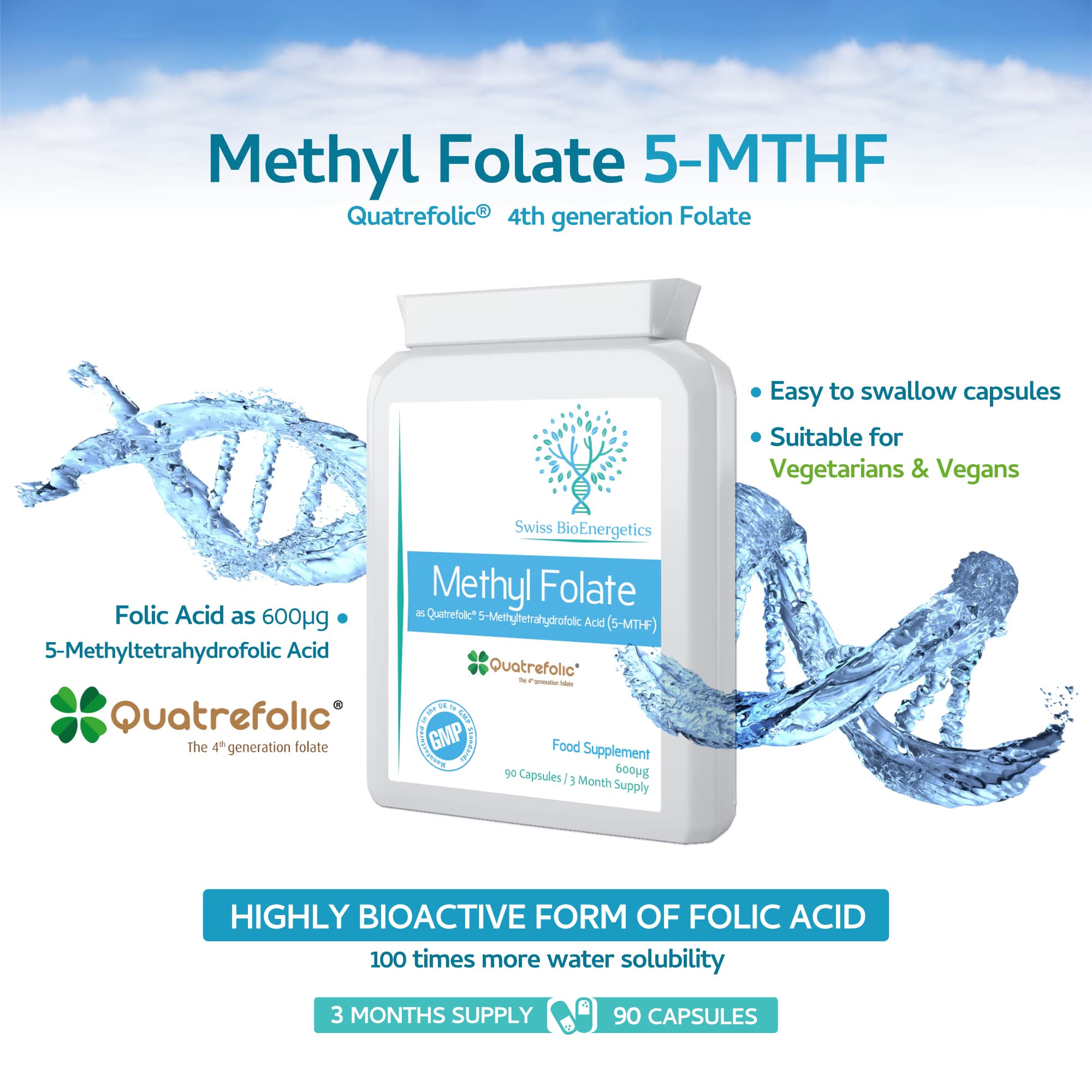 Methyl Folate 600µg - 90 Capsules as Quatrefolic 5-MTHF Supplement 6S-5-methyltetrahydrofolate – the 4th Generation of Folate a Highly biologically Active Form of Folic Acid/Vitamin B9 - UK Made