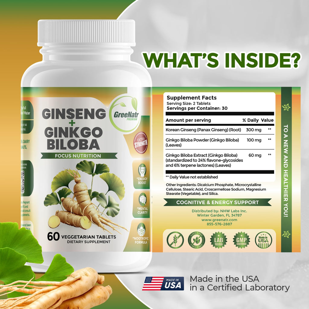 GreeNatr Ginko Biloba & Panax Ginseng Supplement - Red Ginseng Brain Supplement for Memory and Focus - Ginkgo Biloba Supplements for Good Vision, Immune System and Improved Blood Flow - 3 Bottles