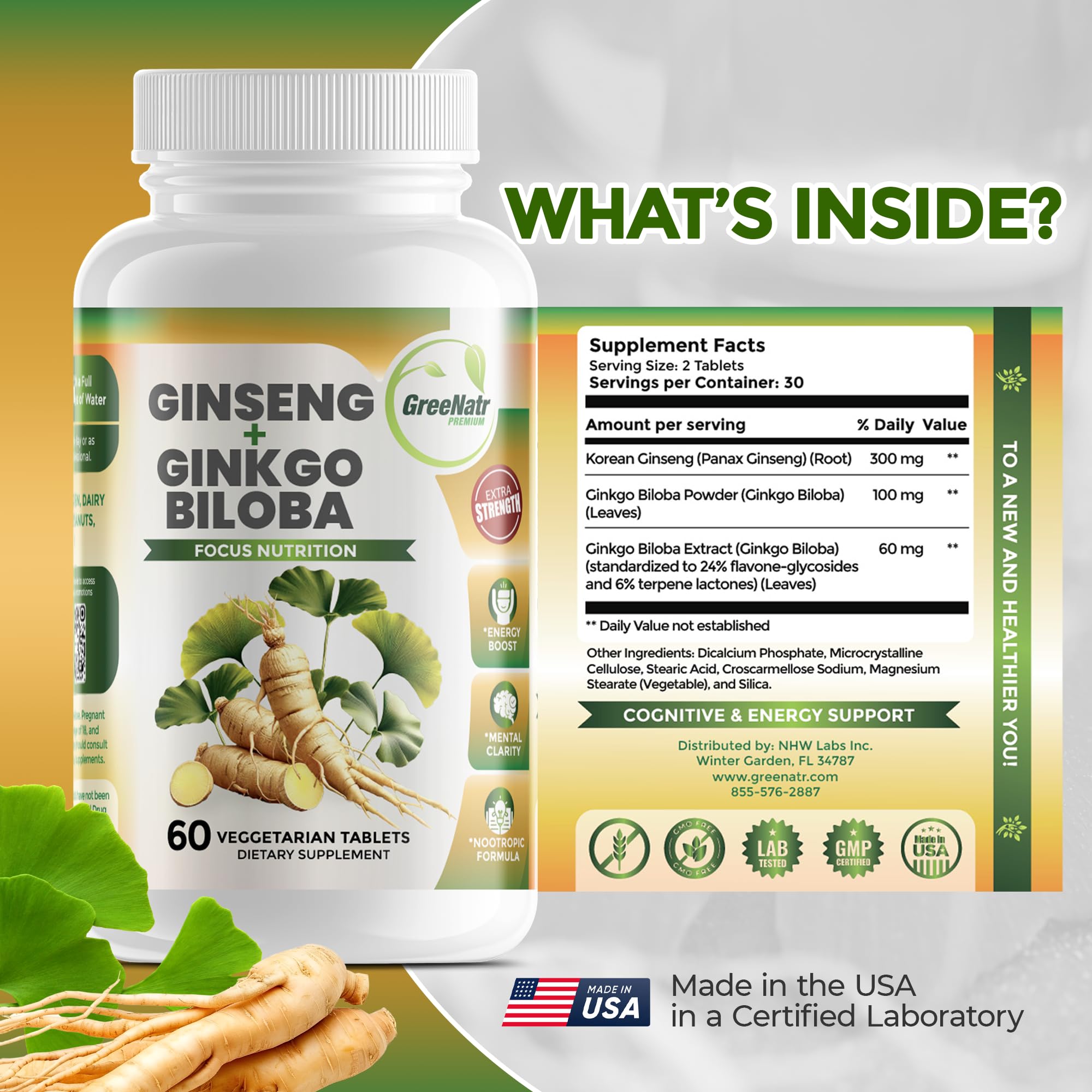 GreeNatr Ginko Biloba & Panax Ginseng Supplement - Red Ginseng Brain Supplement for Memory and Focus - Ginkgo Biloba Supplements for Good Vision, Immune System and Improved Blood Flow - 3 Bottles