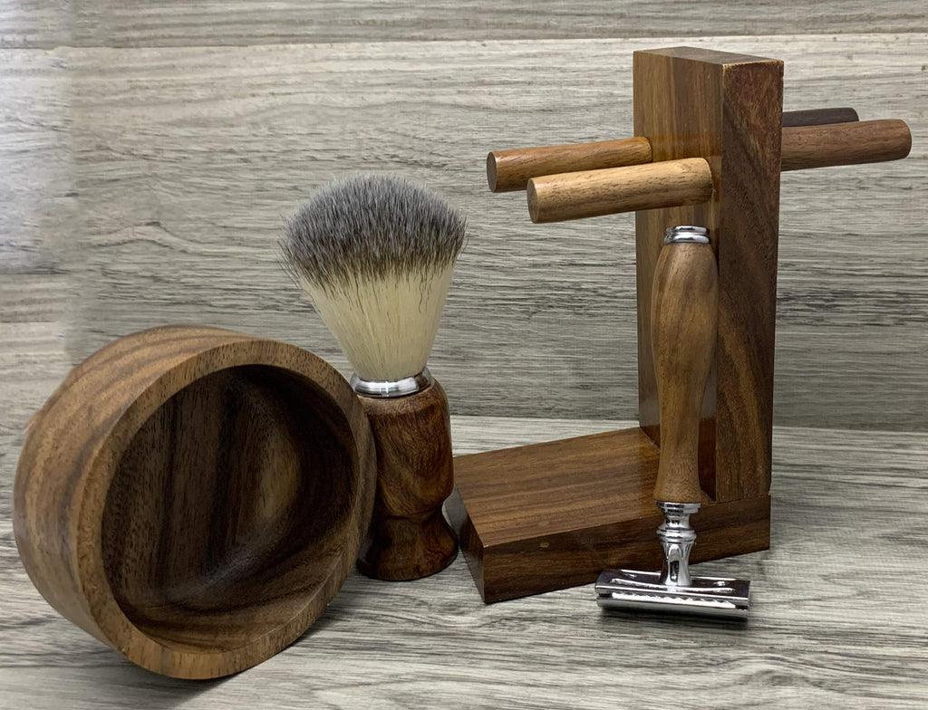 Safety Razor Shaving Kit, Double Edge Razor Blades,Hair shaving Brush wood Handle, Wood Shaving Bowl And Shaving Stand Kit, Wet Shave Grooming Set for Men Best shaving set Gift For Gentleman