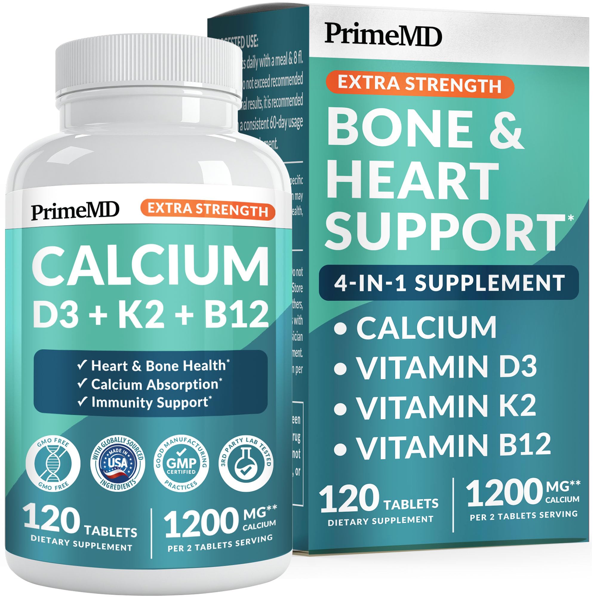 4-in-1 Calcium 1200 mg with Vitamin D3 K2 - Extra Strength Calcium Supplements for Women & Men with D3 K2 Vitamin 5000 IU - Everyday Vitality Supplement - Vegan-Friendly, Gluten-Free, Non-GMO (120ct)