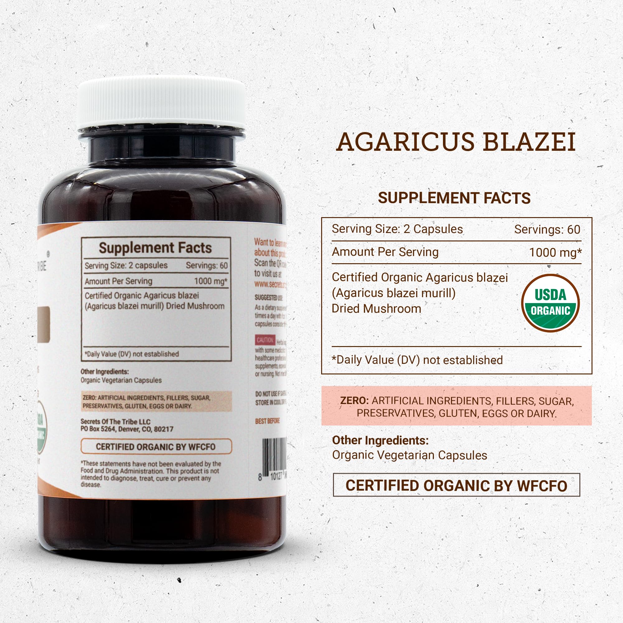Secrets of the Tribe Agaricus Blazei 120 Capsules, 1000 mg, USDA Organic Agaricus blazei murill Dried Mushroom (120 Capsules)