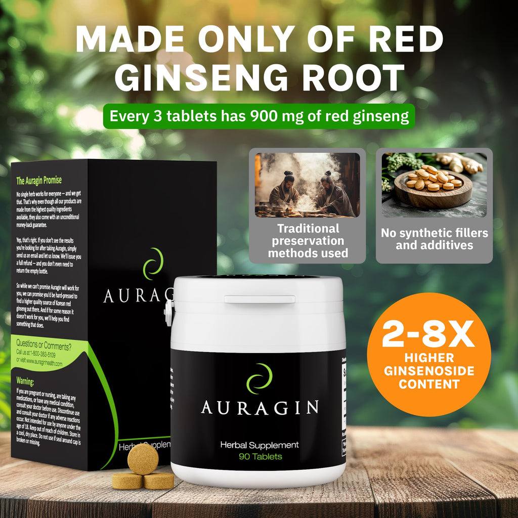Auragin® Authentic Korean Red Ginseng – Made in Korea – 6 Year Roots – No Additives or Other Ingredients – 100% Red Panax Ginseng in Every Tablet