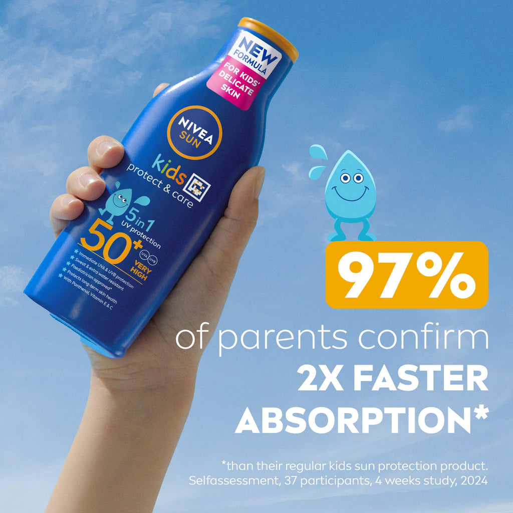 NIVEA SUN Kids Protect & Care SPF 50+ Lotion (200ml), Moisturising Sun Cream Protects Delicate Skin Against Sunburn and Long-Term UV Damage, Fast-Absorbing No White Cast Sun Lotion