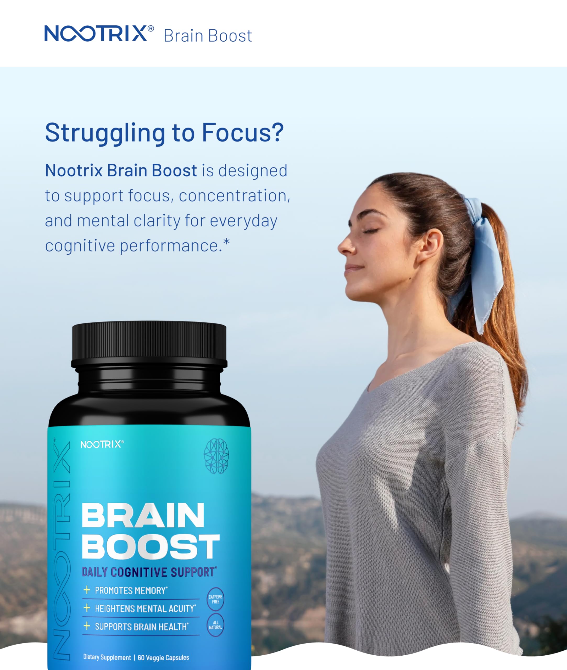Nootrix Brain Boost Nootropic Supplement | 60 Day Supply | Supports Memory, Mental Focus, Cognitive Health & Energy | Promotes Healthy Mood & Brain Function | Ginkgo Biloba & DMAE