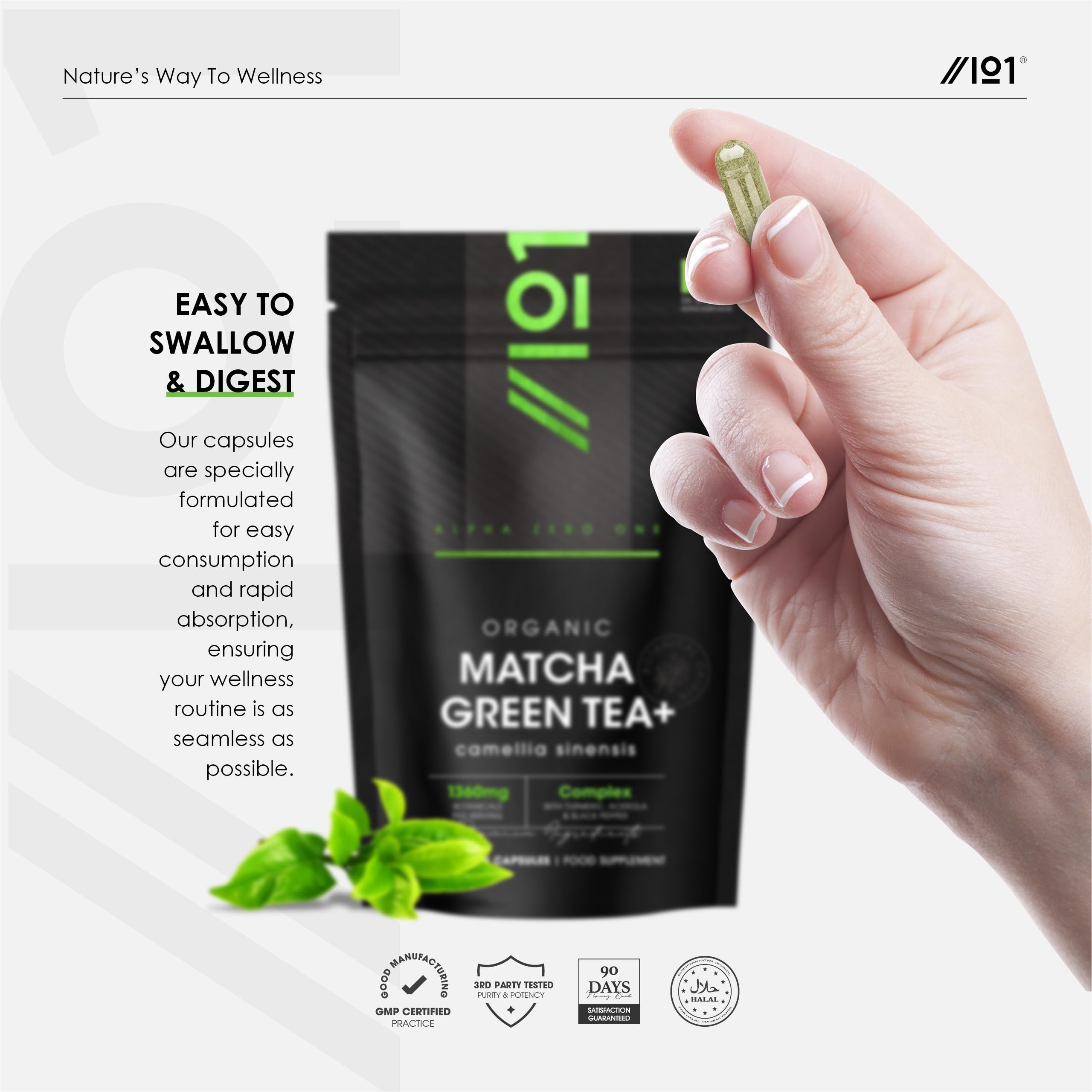 Organic Matcha Green Tea Extract 1360mg - 180 Vegan Capsules - Boosted with Turmeric, Acerola & Black Pepper – Resealable and Recyclable Pouch by Alpha01