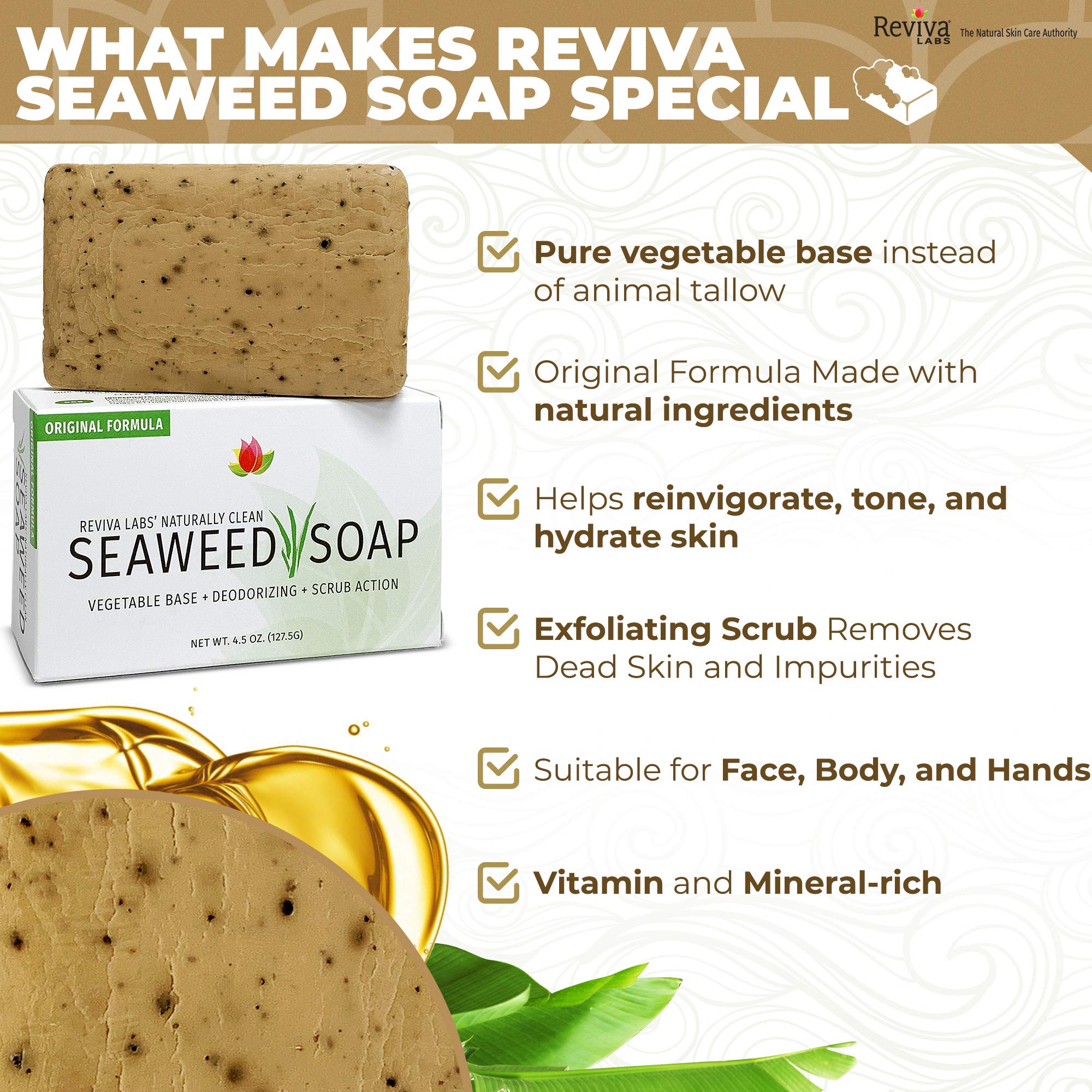 Reviva Seaweed Soap - 6 Pack - Organic Seaweed Face Scrub and Exfoliating Body Scrub Soap Bar - 4.5 oz. Vegetable Base Natural Bar Soap and Seaweed Bath Detox Soap Made in the USA