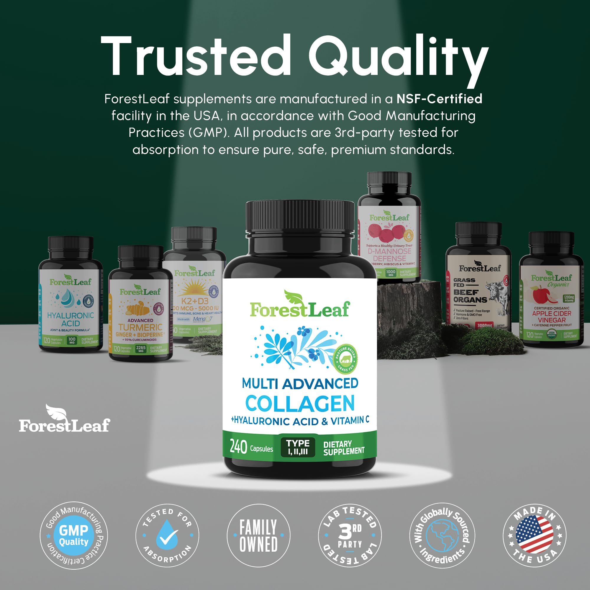 ForestLeaf Multi Collagen Pills - Collagen Men & Collagen Women - Hydrolyzed Collagen Supplements with Vitamin C & Hyaluronic Acid - Collagen Capsules for Hair, Skin & Nails (240 Peptide Capsules)