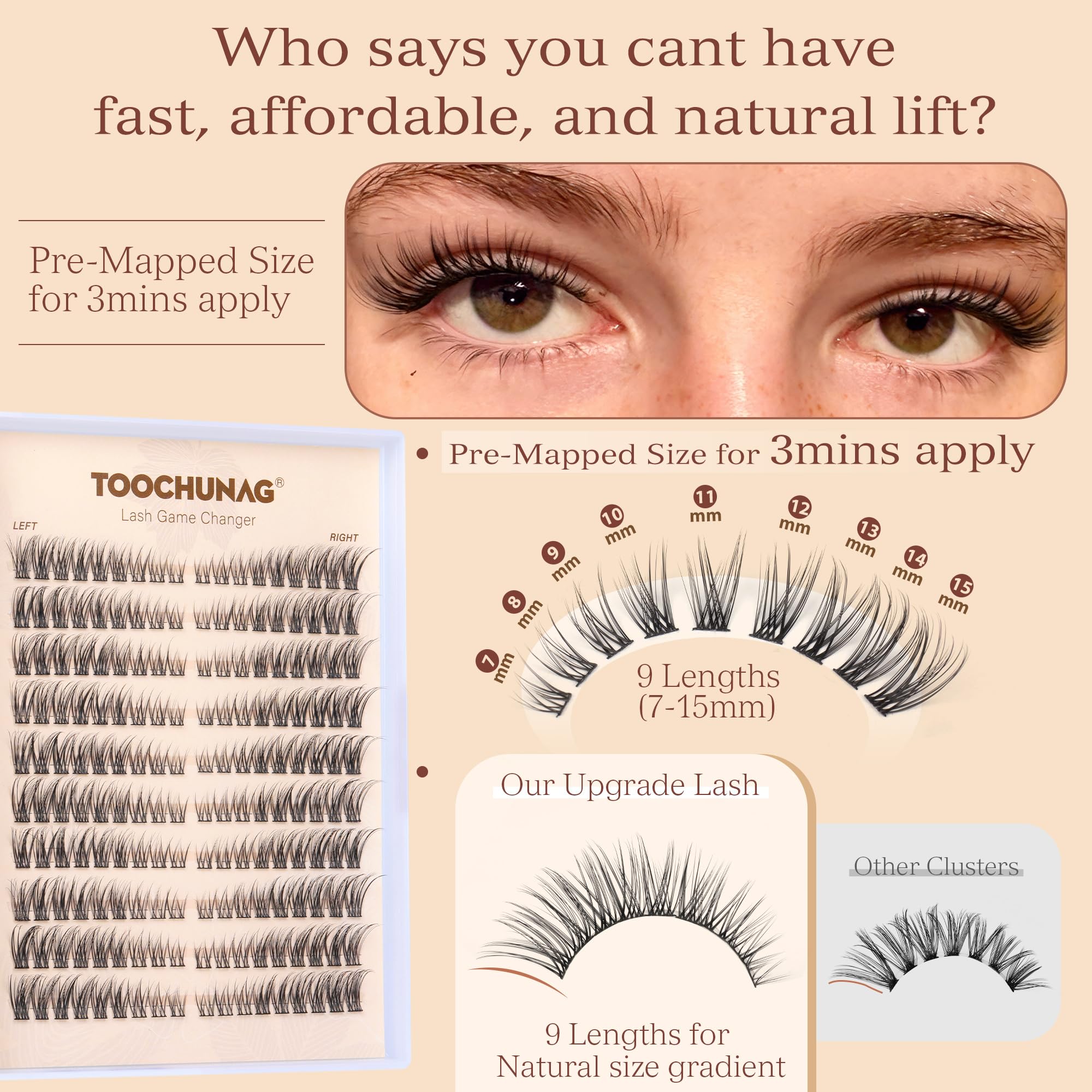 Natural Lash Clusters Wispy Eyelash Clusters C Curl Left&Right Cluster Eyelashes Extensions 180pcs Cluster Lashes DIY Individual Lash Extension Thin Band Cat Eye Lashes by TOOCHUNAG