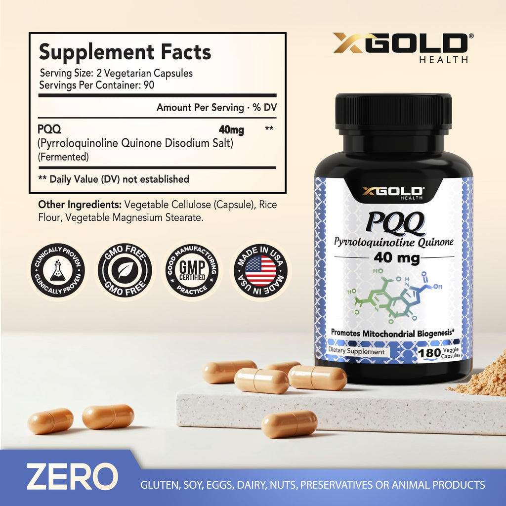 X Gold Health PQQ 40mg Supplement – Mitochondrial Energy Booster & Cellular Energy Support – Pyrroloquinoline Quinone – Brain & Focus Support – Non-GMO, Gluten-Free – 180 Veg Capsules