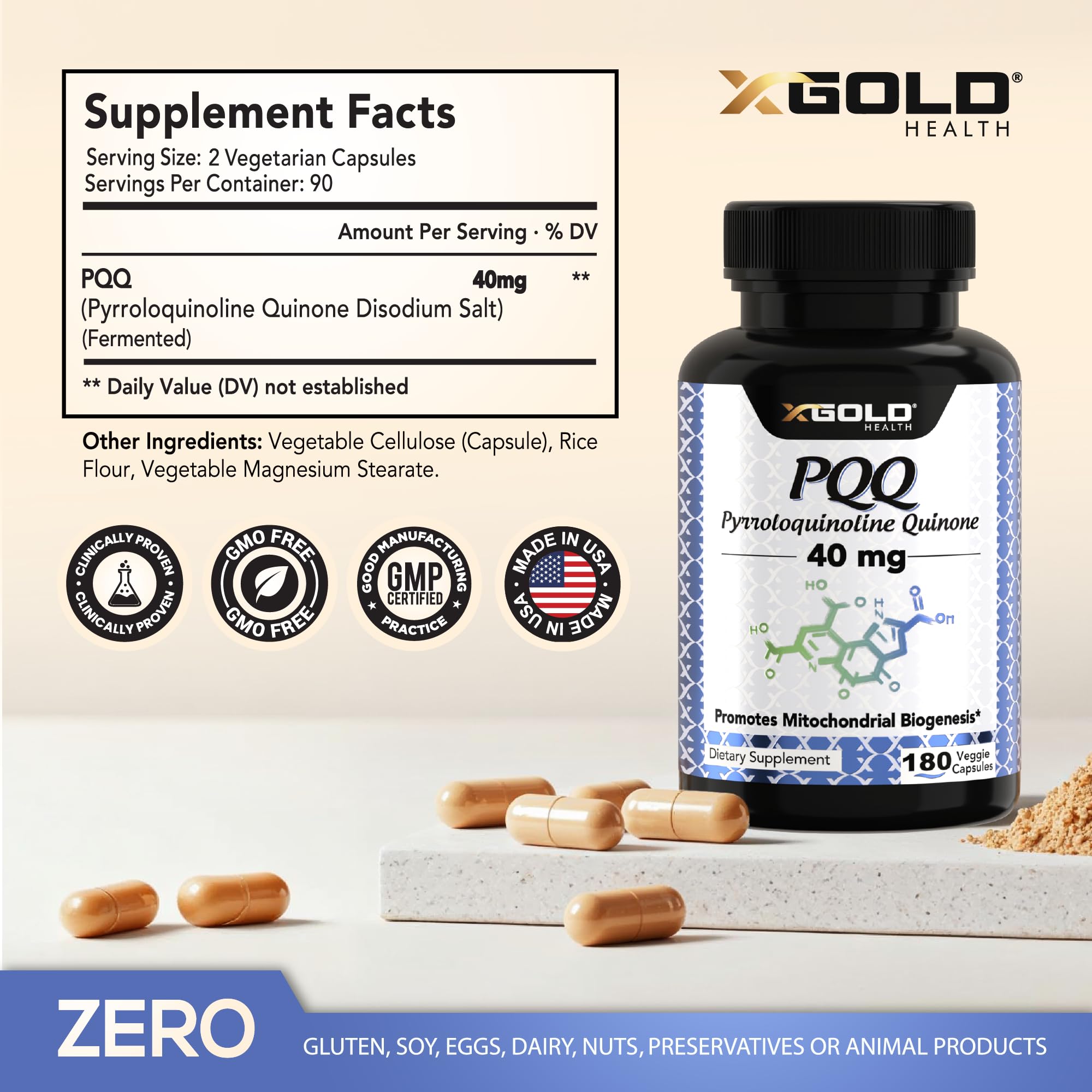 X Gold Health PQQ 40mg Supplement – Mitochondrial Energy Booster & Cellular Energy Support – Pyrroloquinoline Quinone – Brain & Focus Support – Non-GMO, Gluten-Free – 180 Veg Capsules