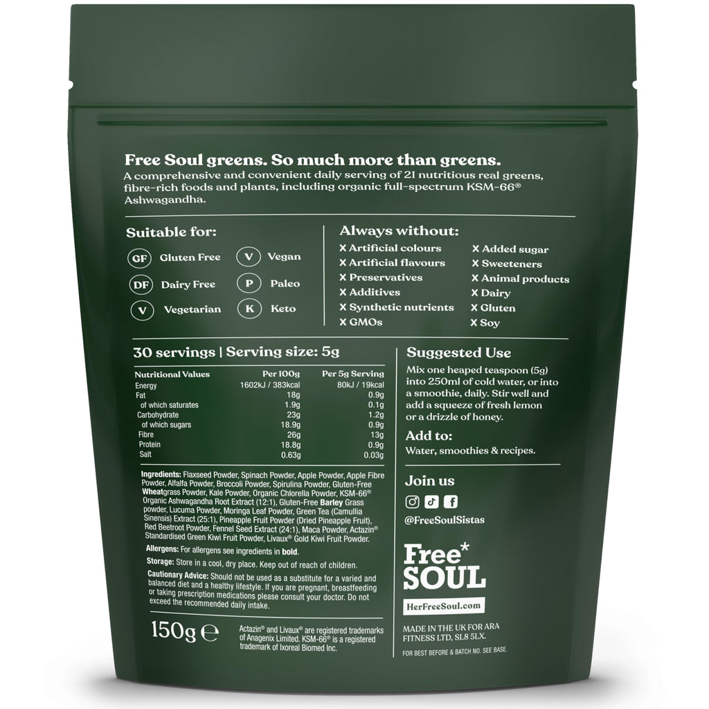 Free Soul Greens - 21 Advanced Greens, Superfoods, and Adaptogens Including KSM-66® Ashwagandha, Vegan & Gluten-Free, Advanced Natural Formula, UK Made, 30 Servings (Original)