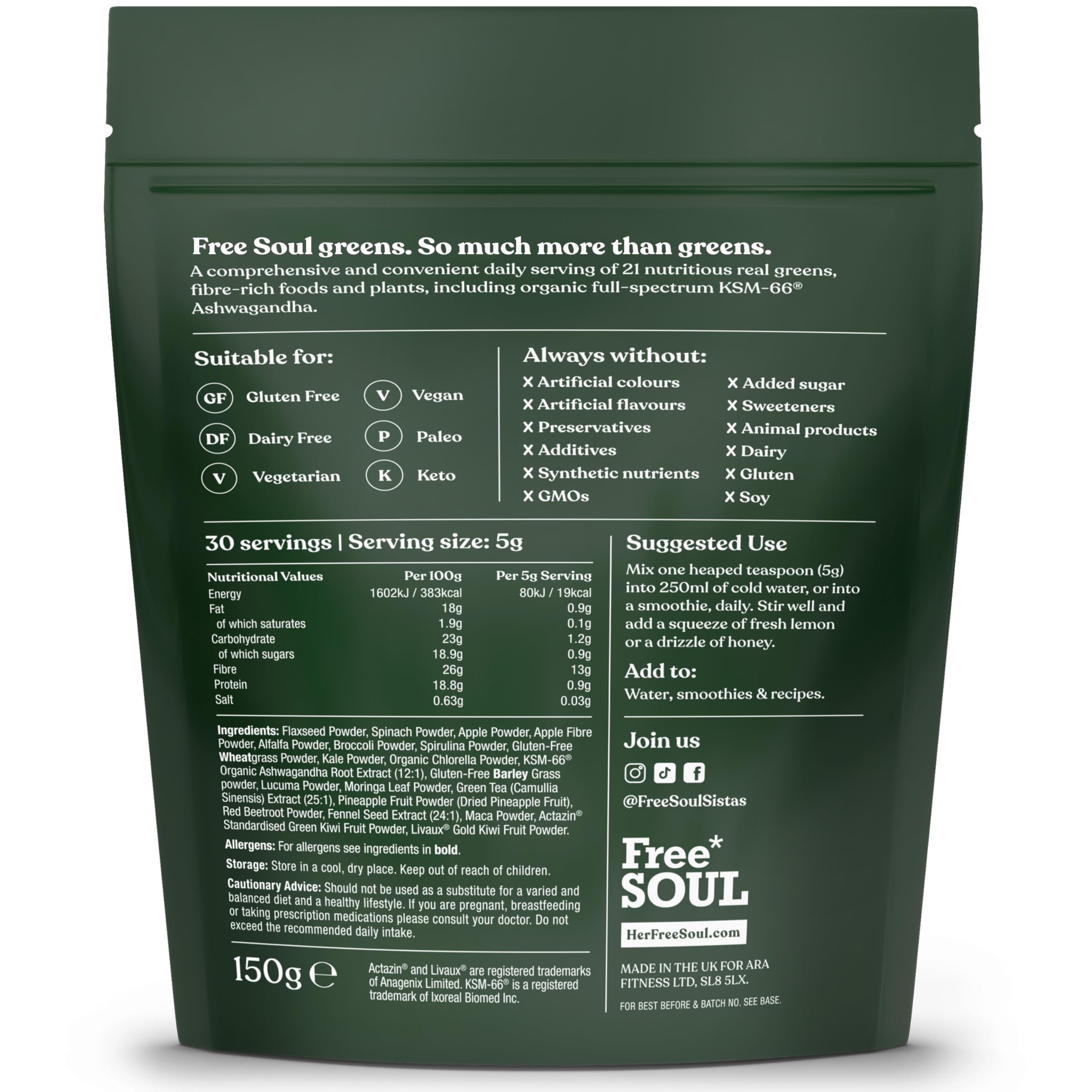 Free Soul Greens - 21 Advanced Greens, Superfoods, and Adaptogens Including KSM-66® Ashwagandha, Vegan & Gluten-Free, Advanced Natural Formula, UK Made, 30 Servings (Original)