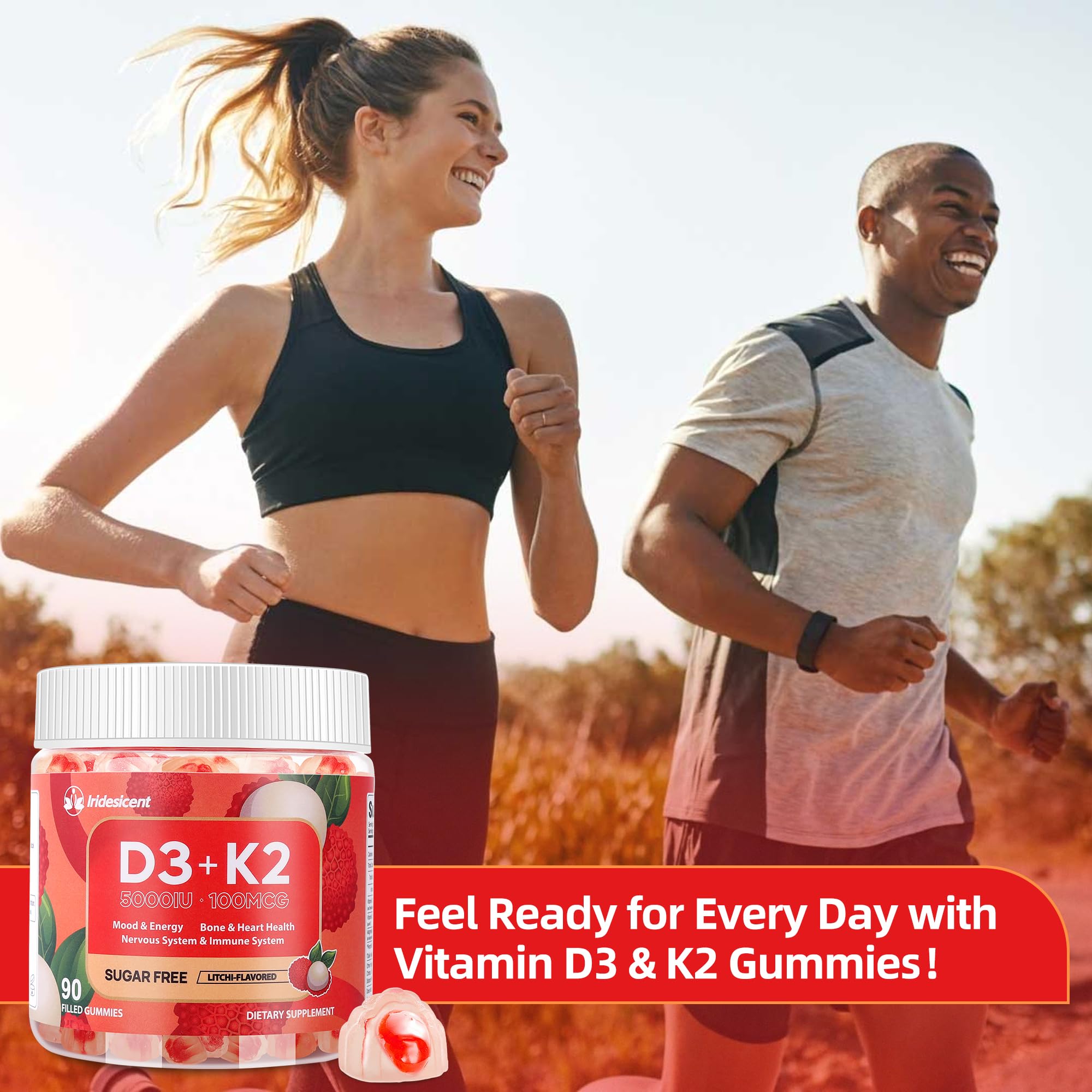 IRIDESICENT Vitamin D3 K2 Gummies Sugar Free - 90 Count | 5,000 IU Vitamin D3 + 100 mcg K2 (MK-7) | Vegan D3 K2 Supplement for Bone & Immune Health Support, Lychee Flavor