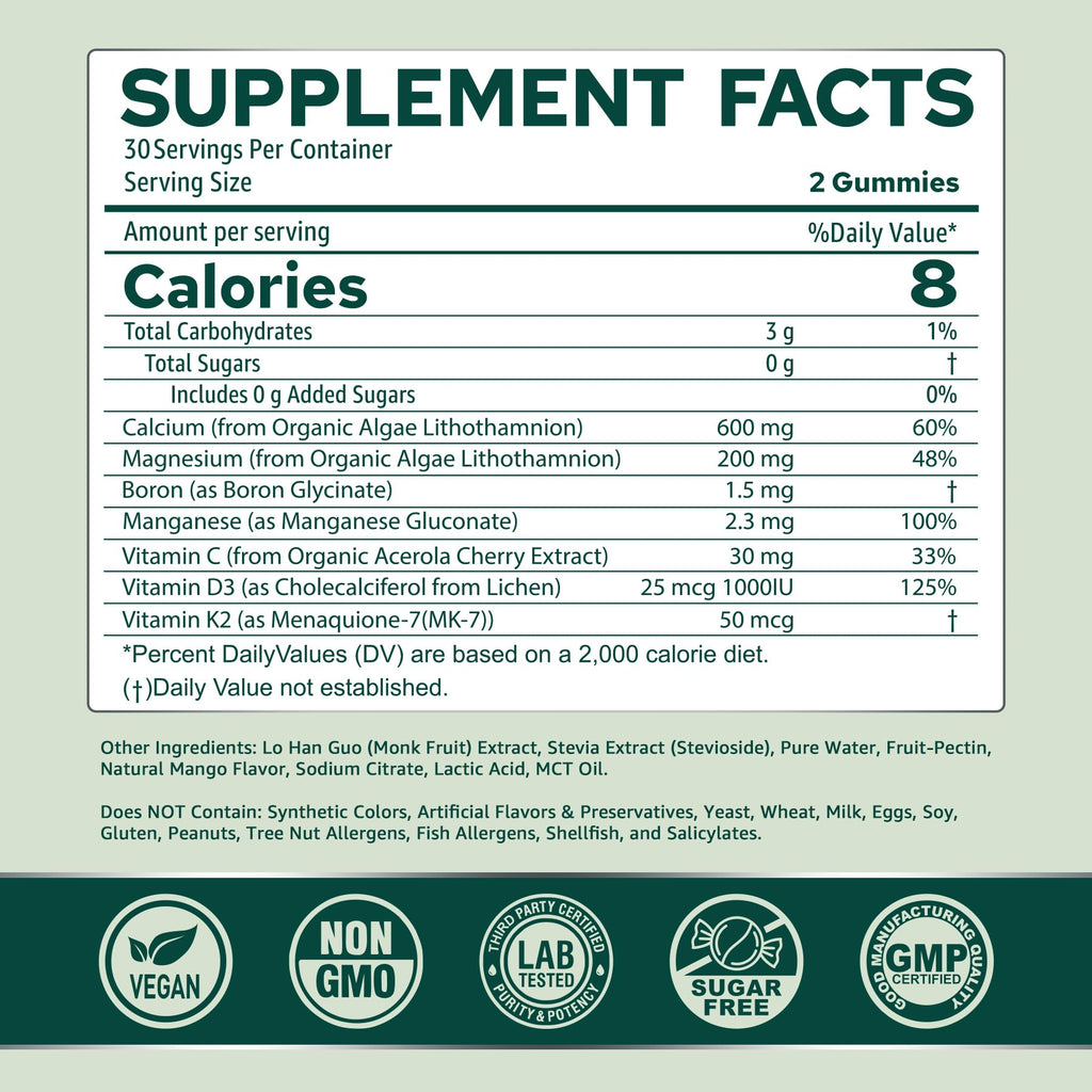 Calcium Gummies for Women + Magneisum Vitamin D3 K2, C, Zinc, Boron, Sustainable Algae (3rd Party Tested) for Bone Strength, Nerve, Calcium Absoption, Sugar Free Calcium Supplement, Vegan, 60 Counts