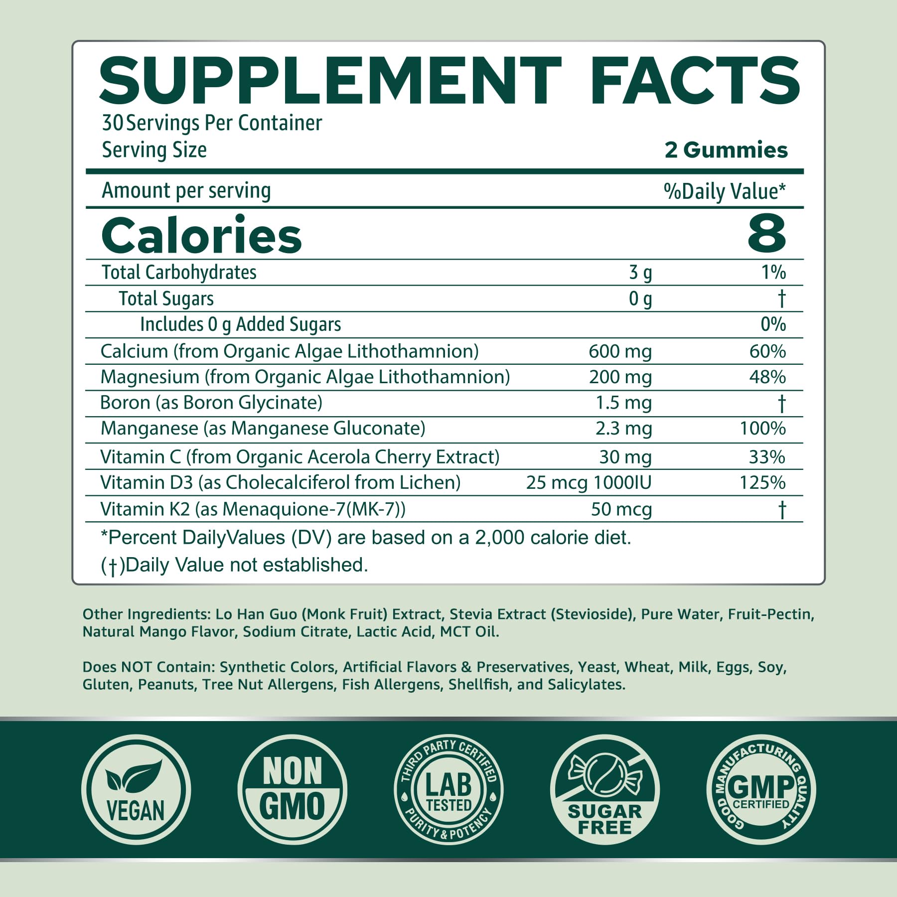 Calcium Gummies for Women + Magneisum Vitamin D3 K2, C, Zinc, Boron, Sustainable Algae (3rd Party Tested) for Bone Strength, Nerve, Calcium Absoption, Sugar Free Calcium Supplement, Vegan, 60 Counts