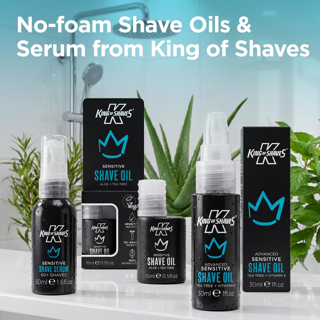 King of Shaves Sensitive Shave Oil for Men Quad Pack, Aloe Vera & Tea Tree, Clear No Foam Formula for Precision Shaving, Helps Reduce Razor Burn & Rash, Vegan, Travel Size, 4 x 0.5 FL OZ