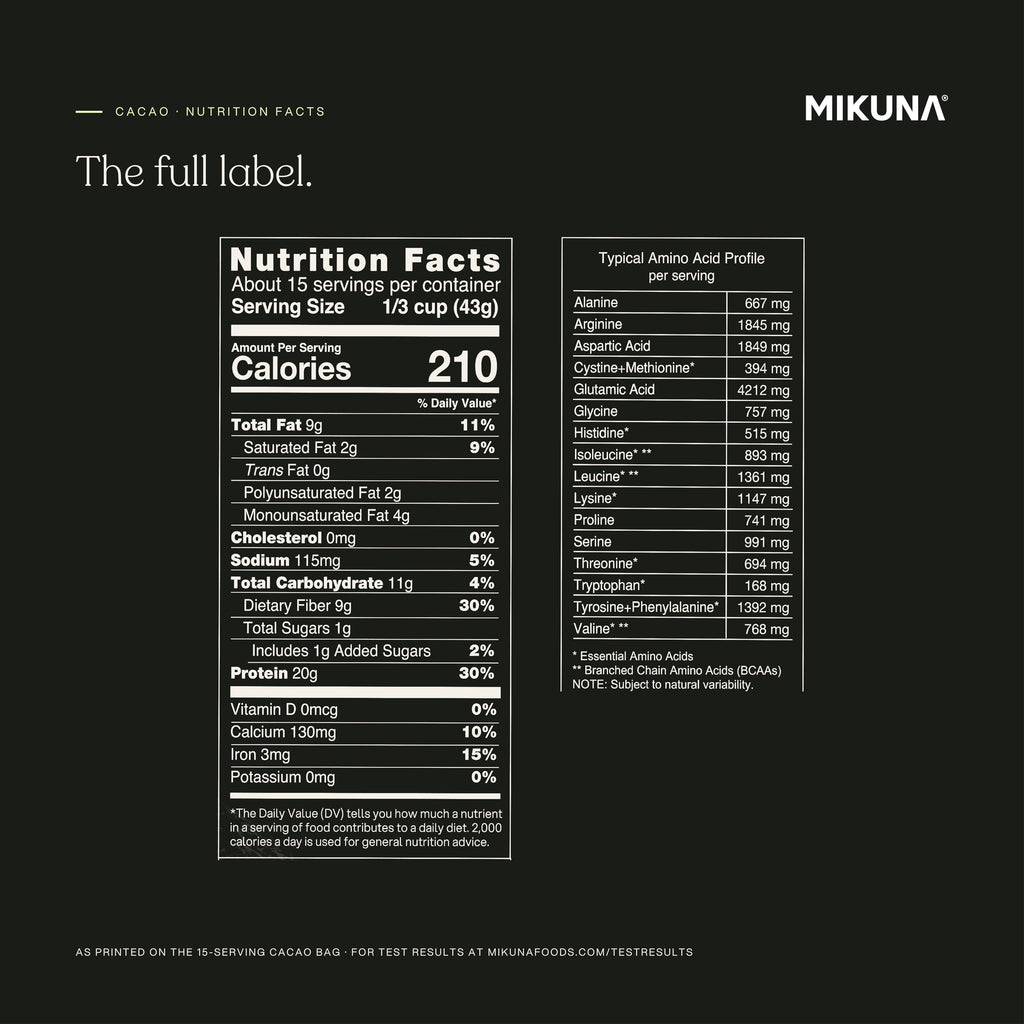 Mikuna Chocho Plant Protein Powder, Cacao - 20g Protein, 8g Fiber - Third-Party Tested, Vegan, Keto, Lectin Free - 15 Servings
