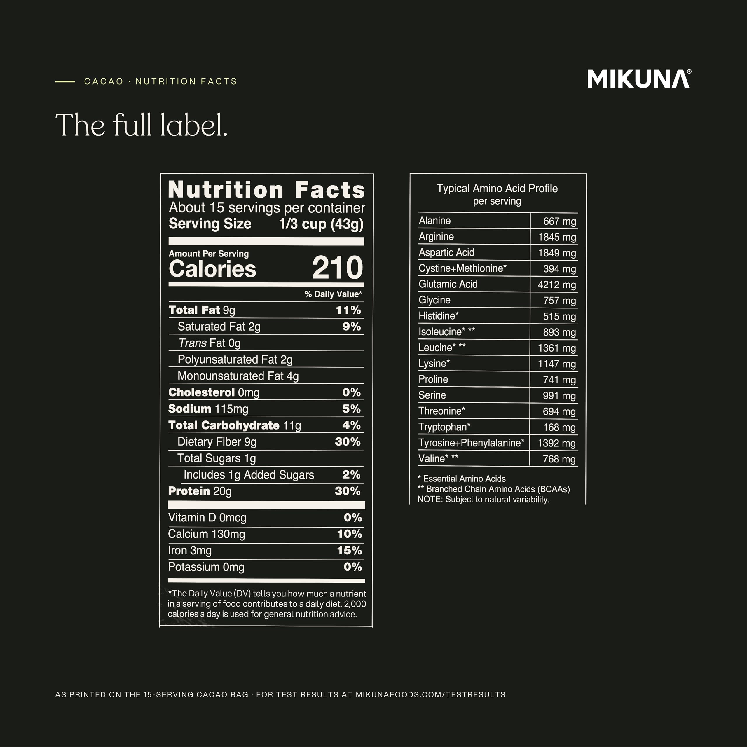 Mikuna Chocho Plant Protein Powder, Cacao - 20g Protein, 8g Fiber - Third-Party Tested, Vegan, Keto, Lectin Free - 15 Servings