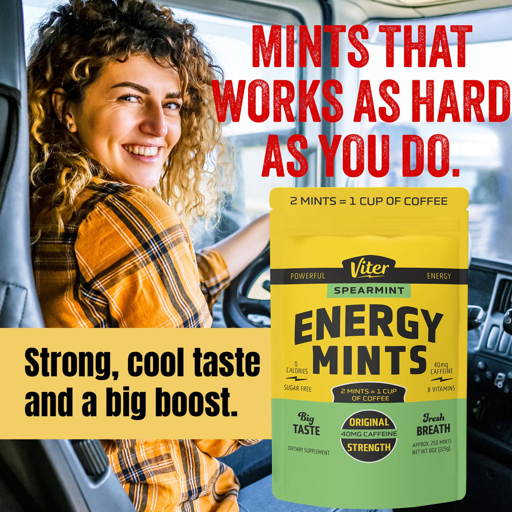 Viter Energy 40mg Caffeine Mints - Sugar Free, B Vitamins, Vegan, Boosts Fast Energized Alert Focus, Caffeinated Nootropic Supplement Pills (Spearmint Flavor, 8oz, Bulk Bag)