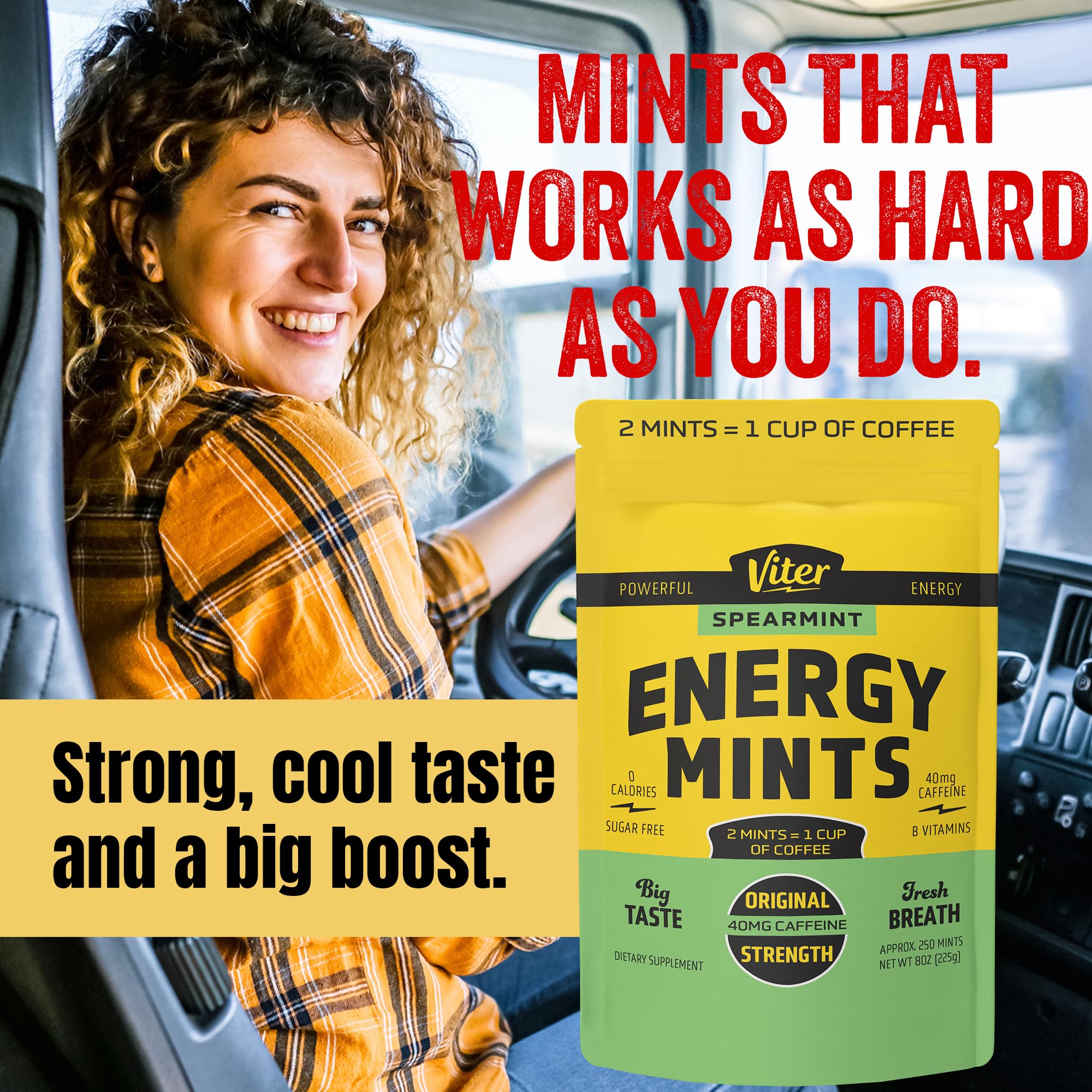 Viter Energy 40mg Caffeine Mints - Sugar Free, B Vitamins, Vegan, Boosts Fast Energized Alert Focus, Caffeinated Nootropic Supplement Pills (Spearmint Flavor, 8oz, Bulk Bag)