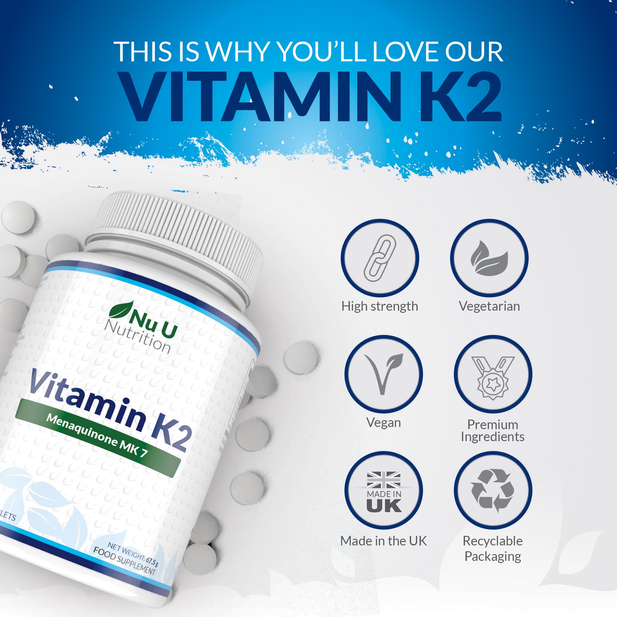 Vitamin K2 MK7 200mcg - 365 Vegan Tablets not Capsules - 1 a Day - 1 Year Supply - High Strength VIT K2 Menaquinone - Easy to Swallow - Made in the UK - Nu U Nutrition