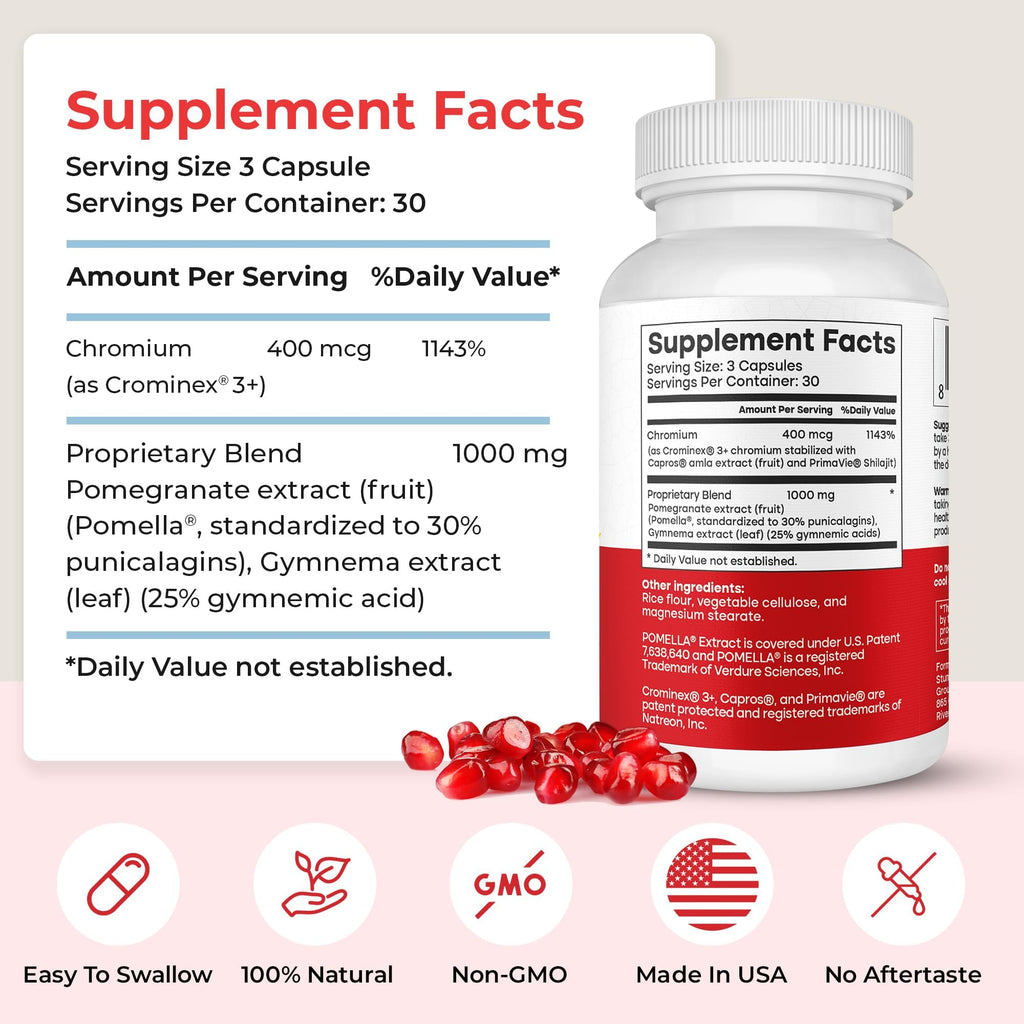 Advanced Glucose Discovery for Sugar Watchers, with Gymnema Sylvestre, Patented Pomegranate Supplement, Crominex 3+, for Glucose Metabolism Wellness - All Natural, Non-GMO - 90 Vegan Capsules