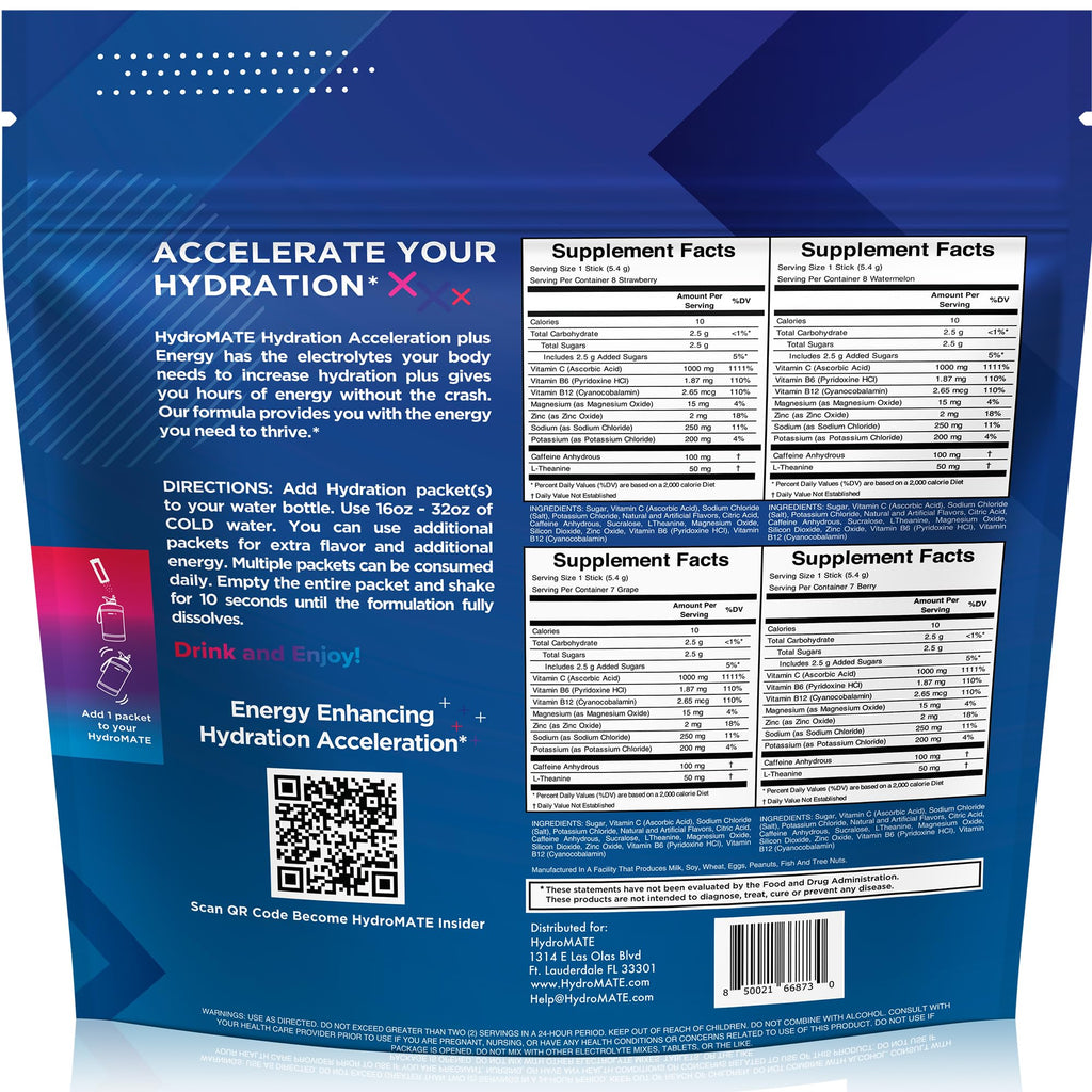 HydroMATE Electrolytes Powder Drink Mix Packets Hydration Accelerator Low Sugar Party Favors for Rapid Recovery Vitamin C Plus Caffeine Variety Pack - 30 Count