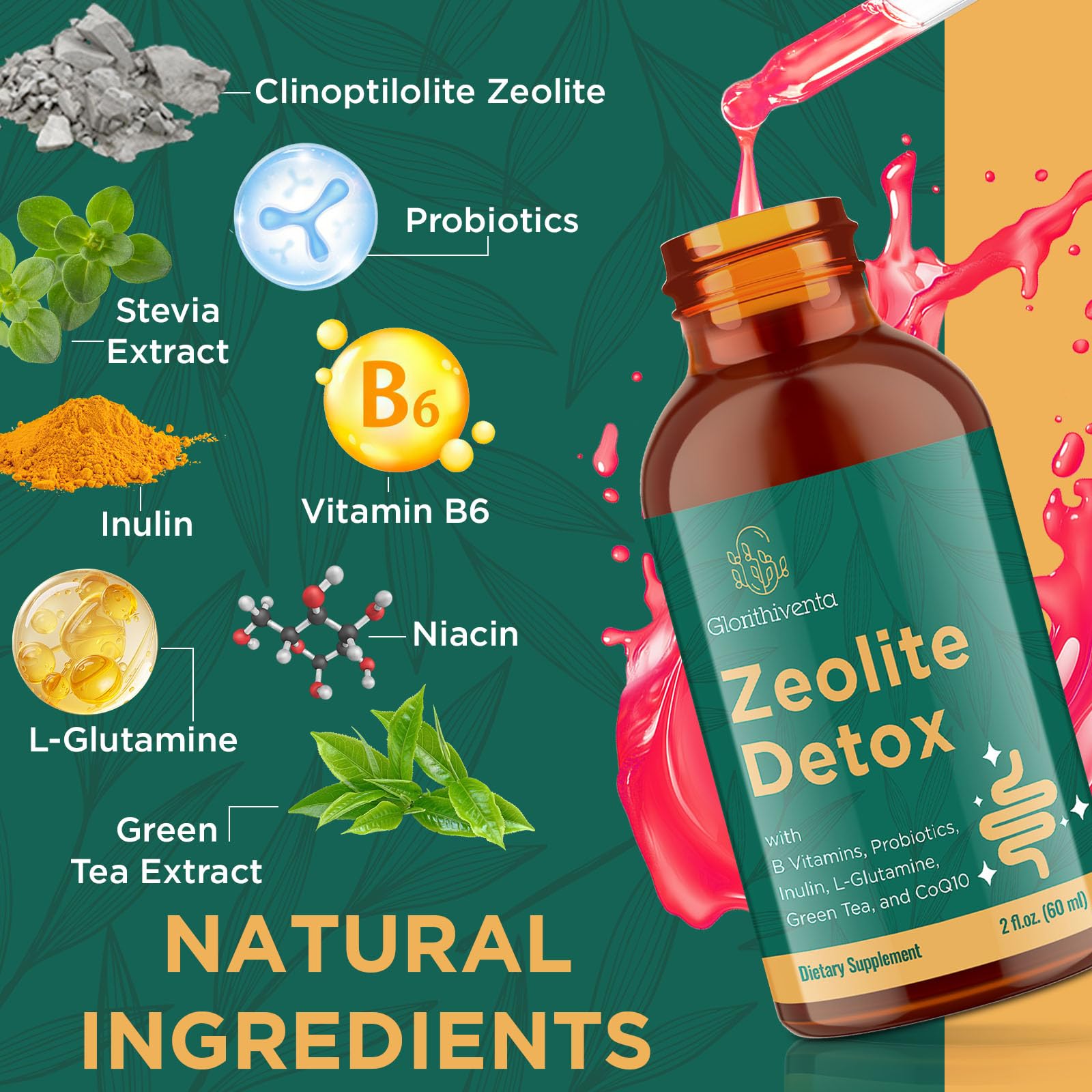 Glorithiventa Zeolite Detox for Adults, Zeolite Liquid Drops with Vitamin B, Probiotic Blend, Gentle Detox for Adults, Energy, Gut, Focus - 4 Fl Oz (2 Bottles)