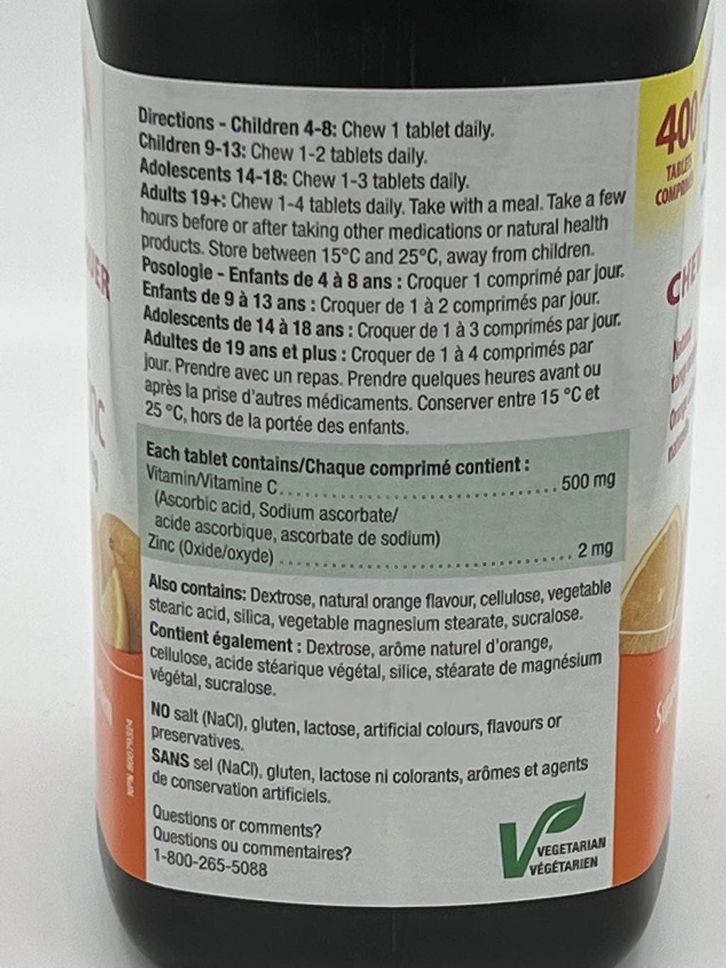 Jamieson Chewable Vitamin C + Zinc 500mg, Natural Tangy Orange, 400 Tablets